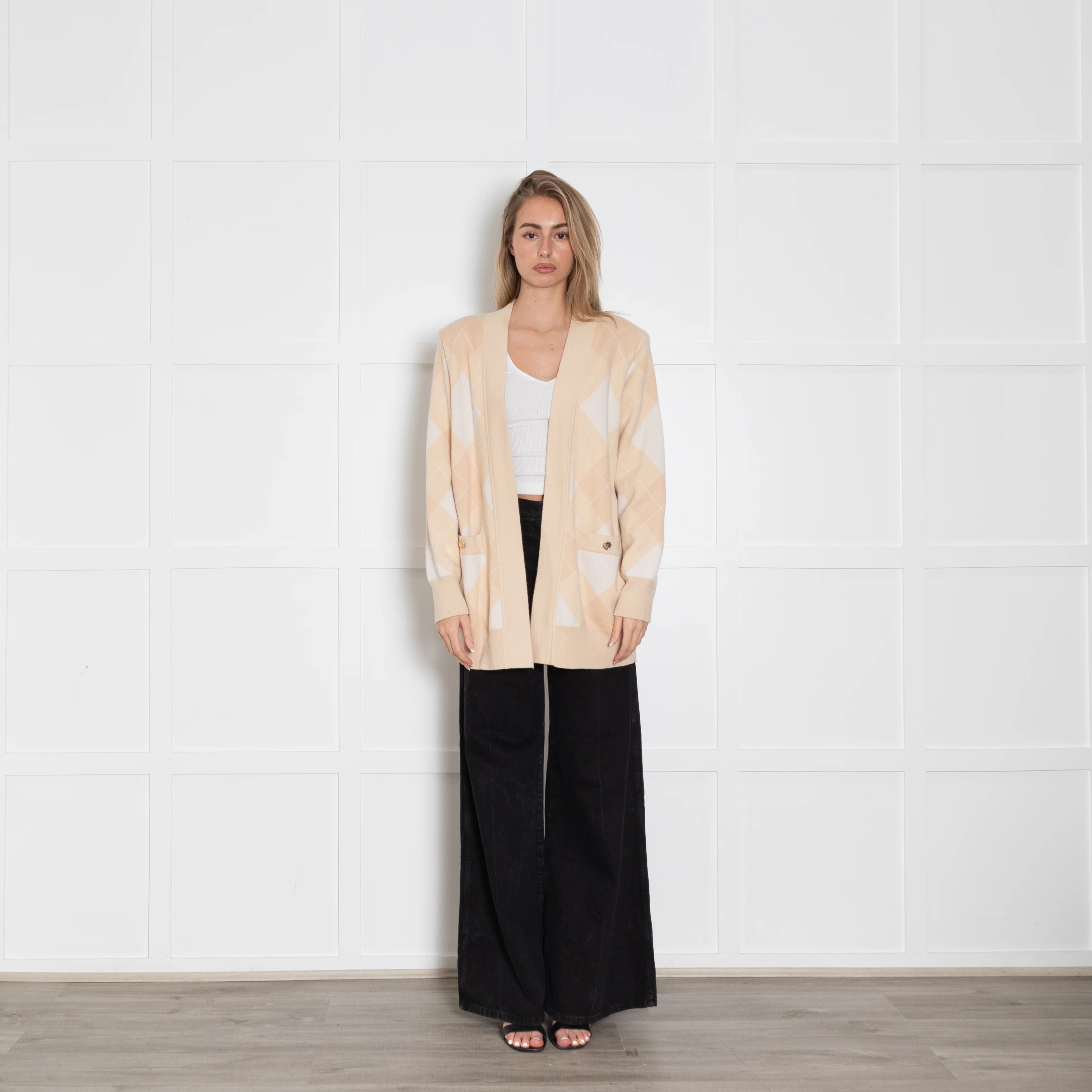 Sandro Pale Peach Argyle Wool And Cashmere Open Cardigan