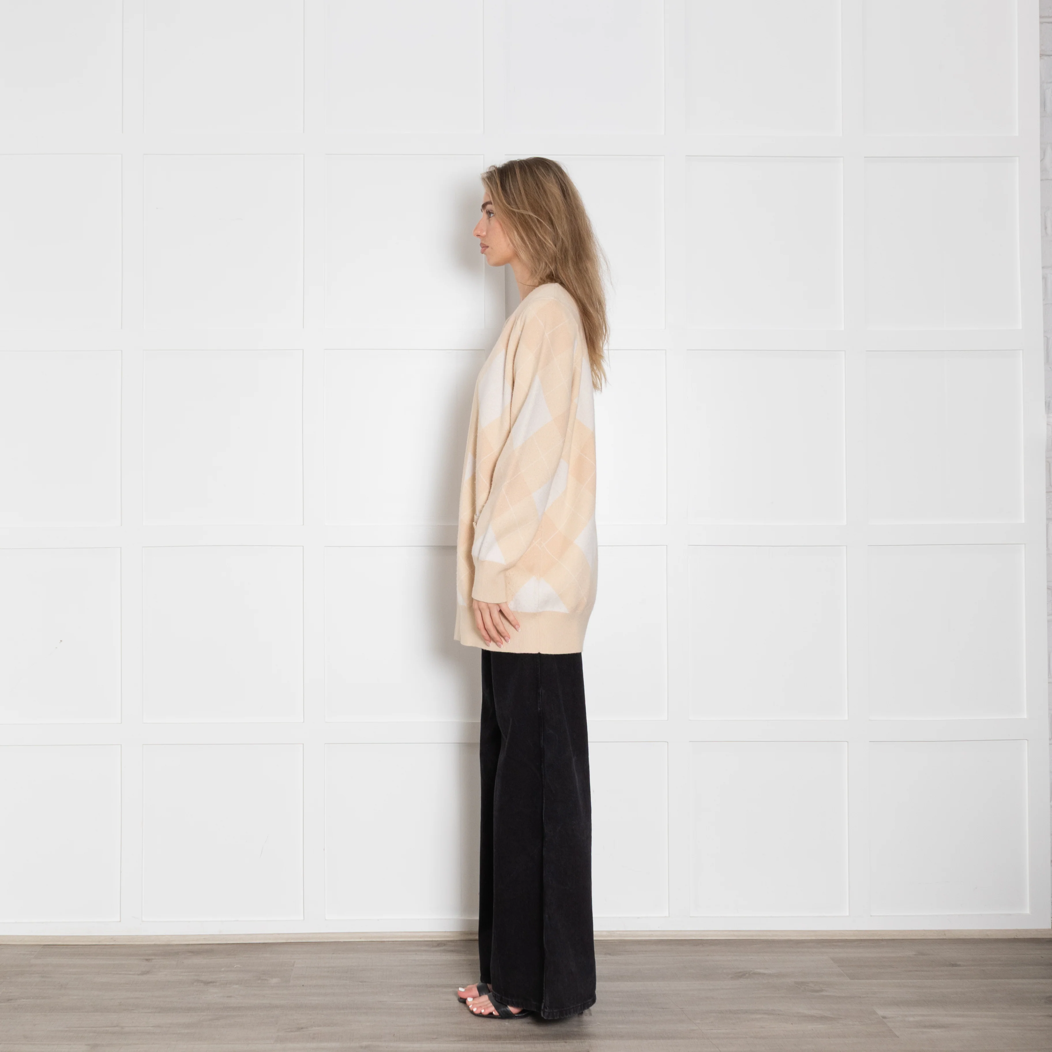 Sandro Pale Peach Argyle Wool And Cashmere Open Cardigan - Image 4