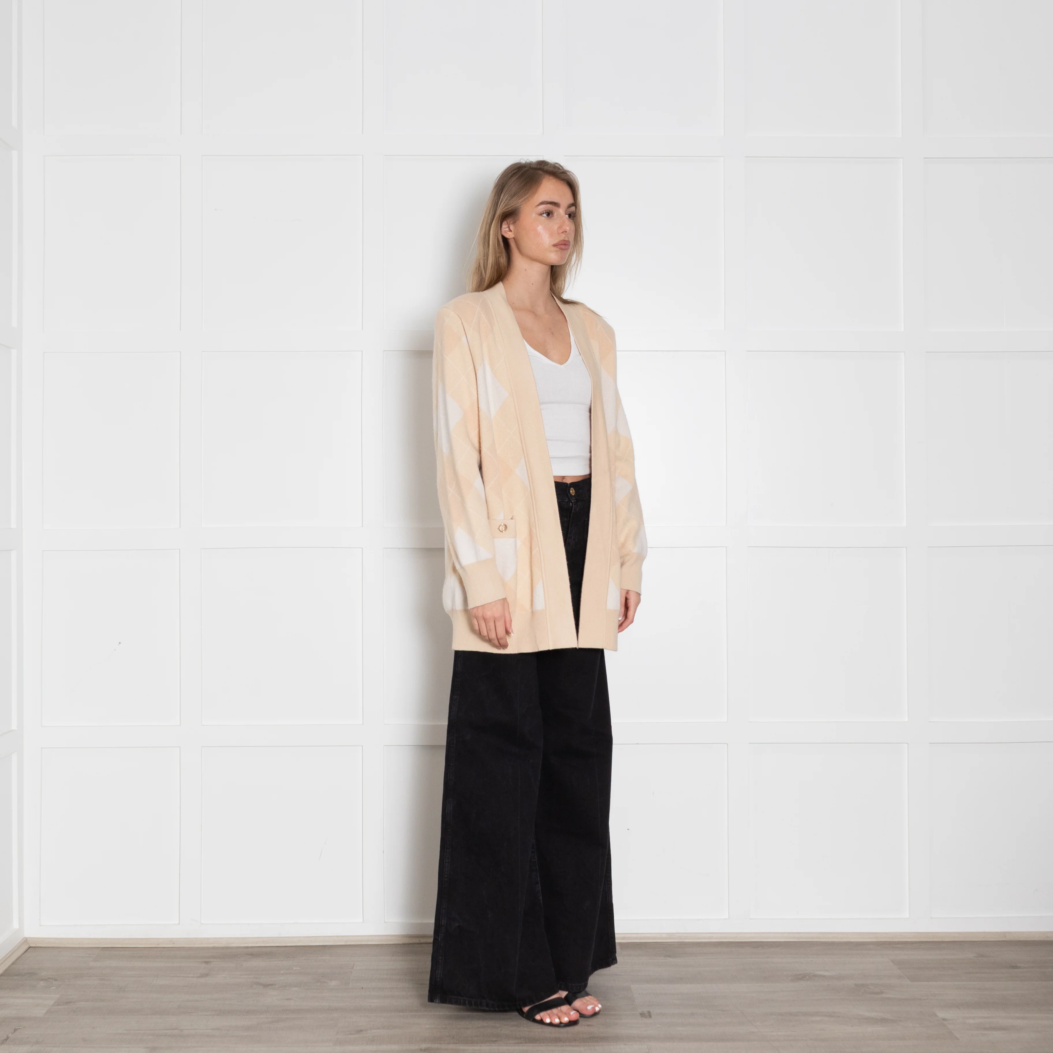 Sandro Pale Peach Argyle Wool And Cashmere Open Cardigan - Image 7