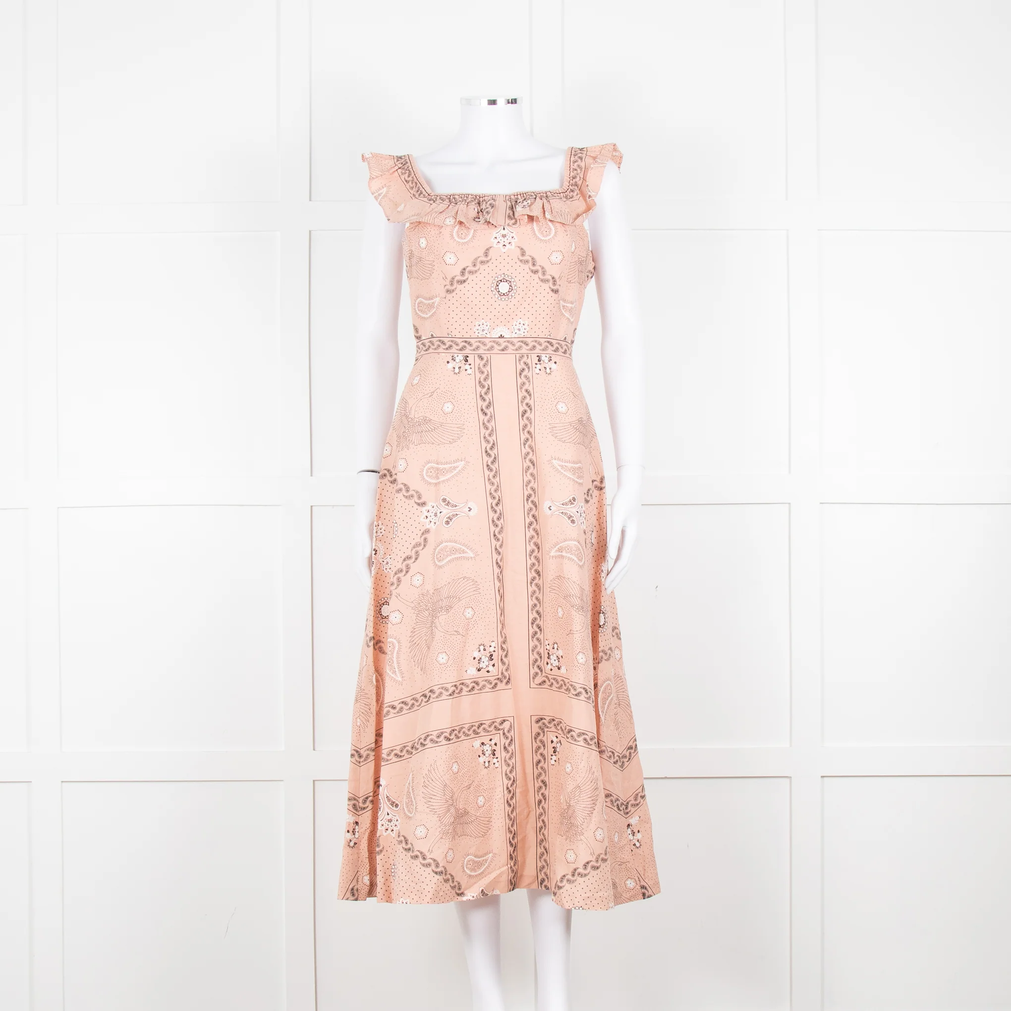 Sandro Peach Black Bandana Cotton Lace Up Back Sleeveless Midi Dress
