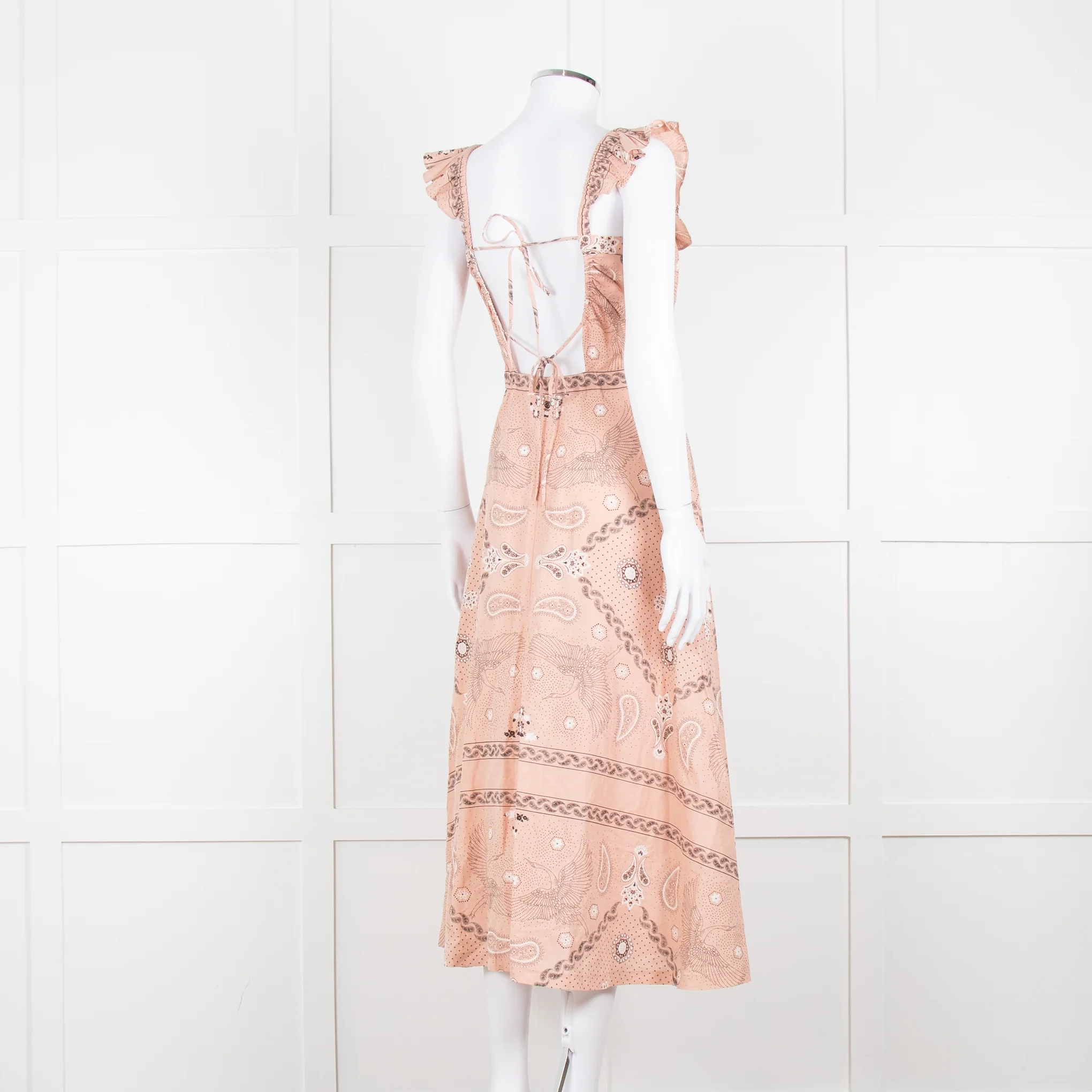 Sandro Peach Black Bandana Cotton Lace Up Back Sleeveless Midi Dress - Image 4