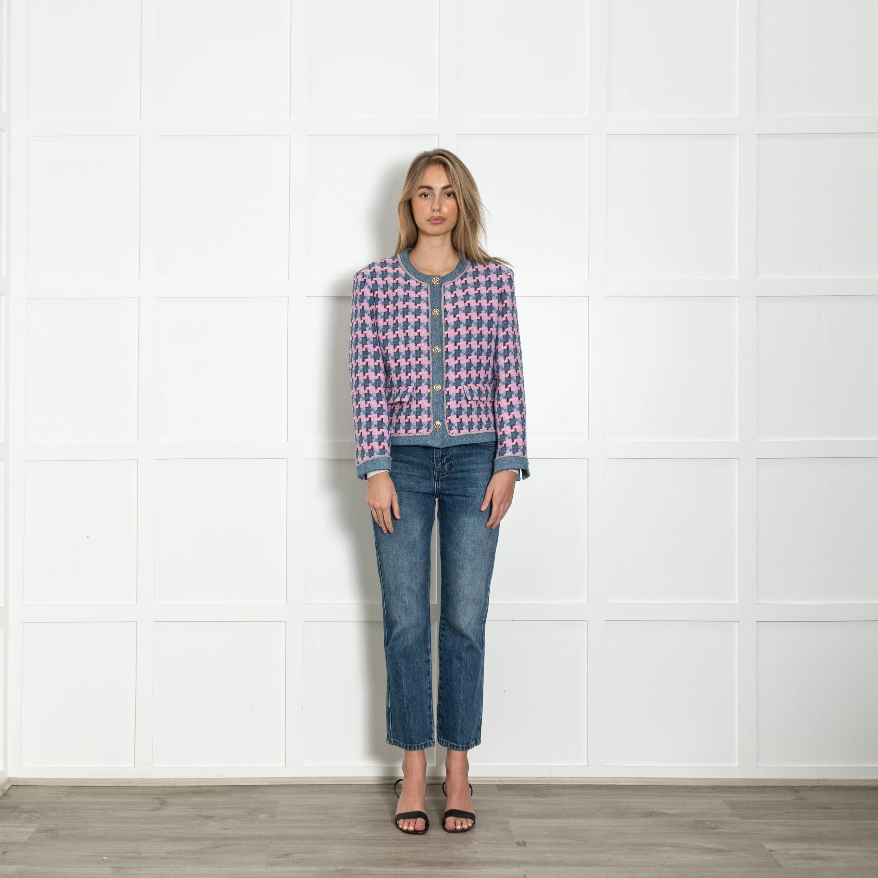 Sandro Pink And Blue Tweed Jacket With Gold Buttons