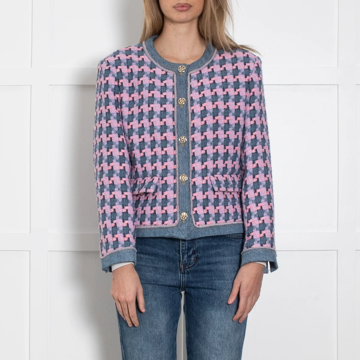 Sandro Pink And Blue Tweed Jacket With Gold Buttons - Image 2