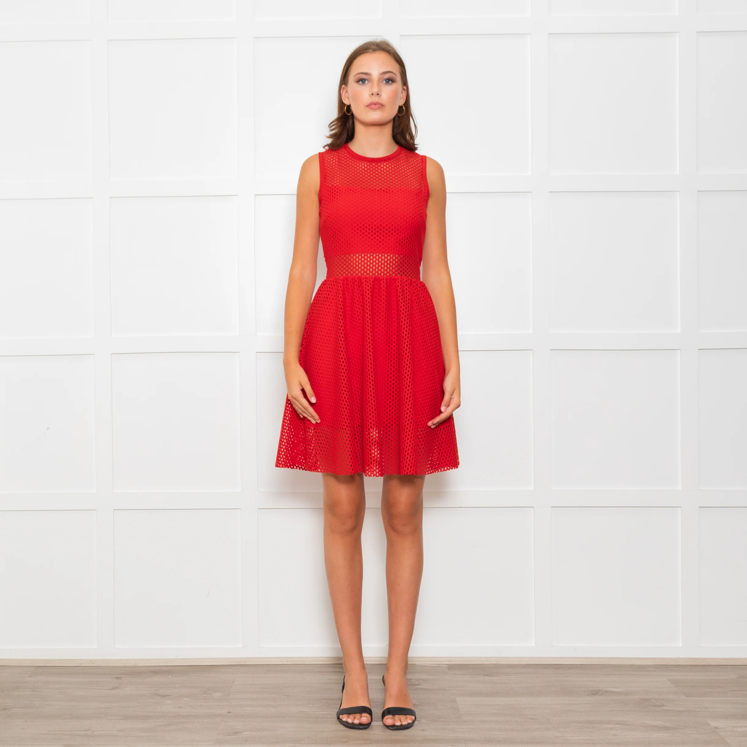 Sandro Red Mesh Fit & Flare Sleeveless Dress