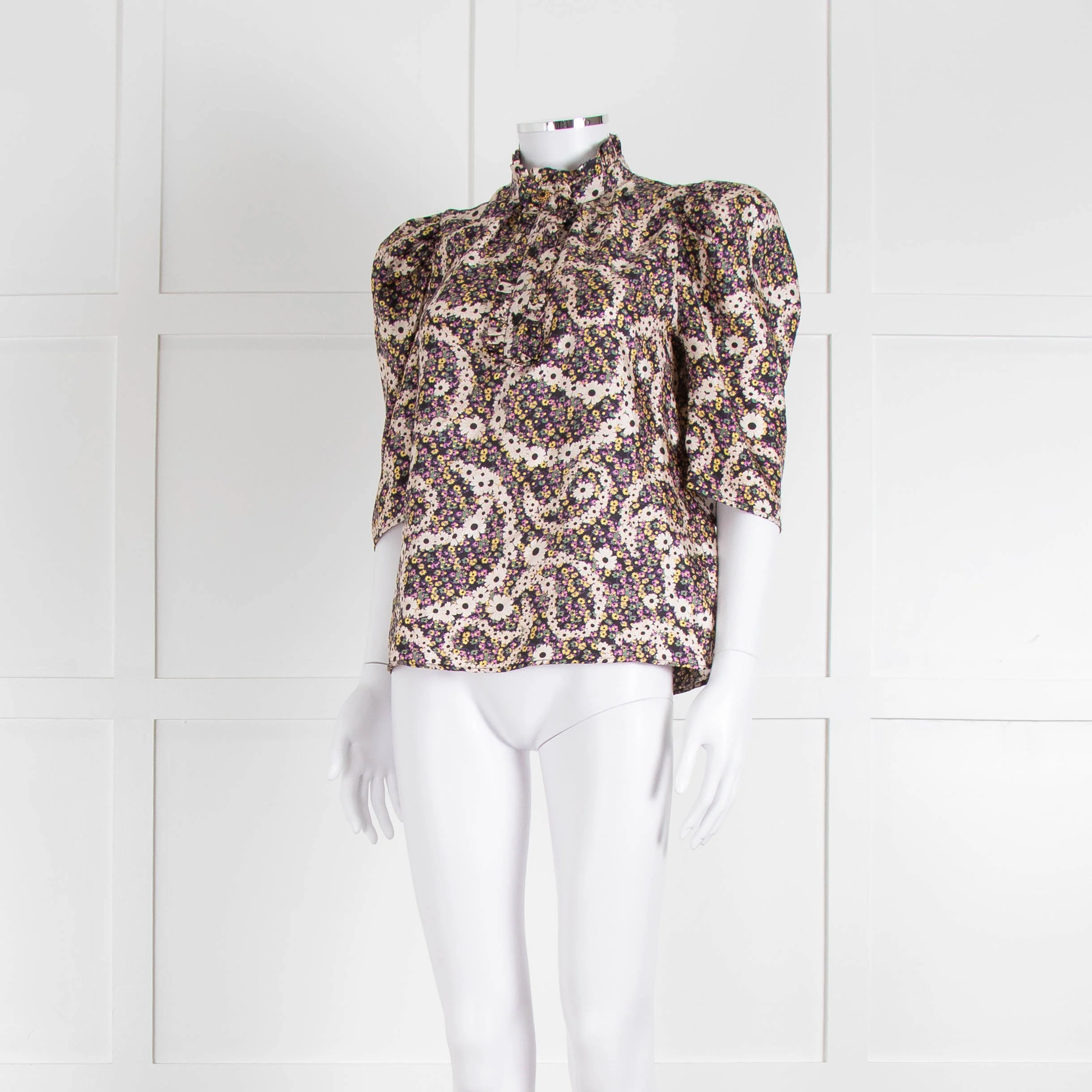 Sandro Silk Multicoloured Floral Top With Puffed Sleeves - Image 8