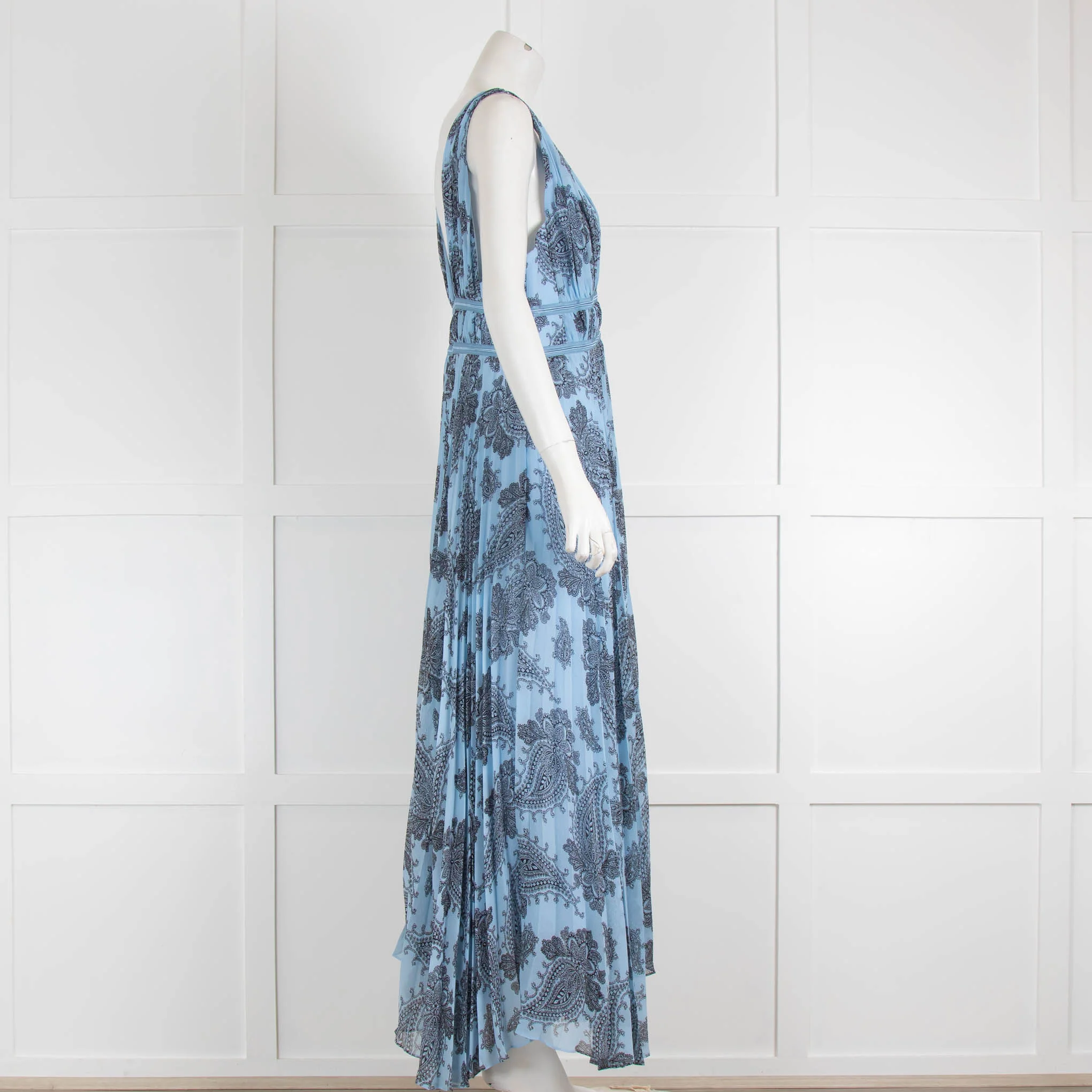 Sandro Sky Blue Black Paisley Pleated Sleeveless Dress - Image 2