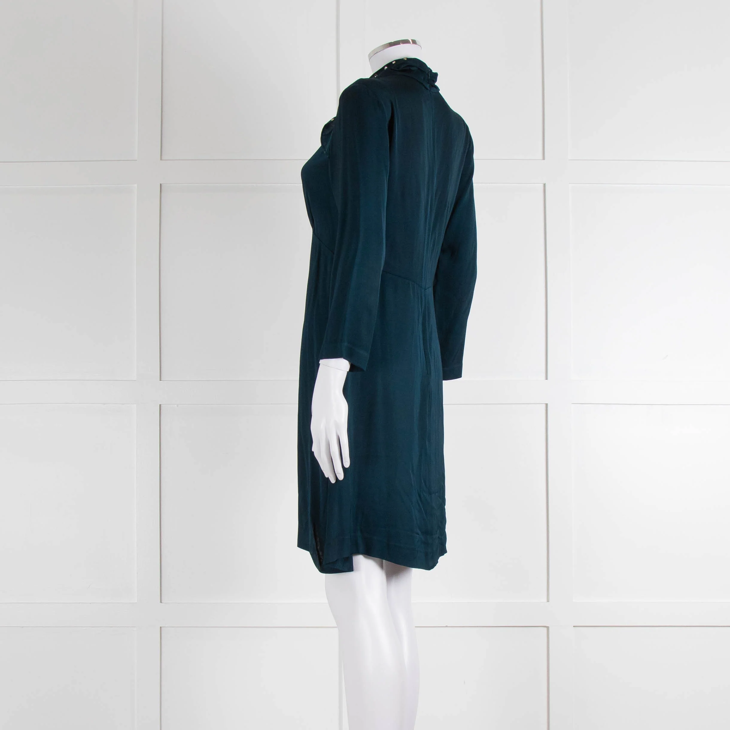 Sandro Teal Green Crystal Neck Detail Sleeved Dress - Image 6