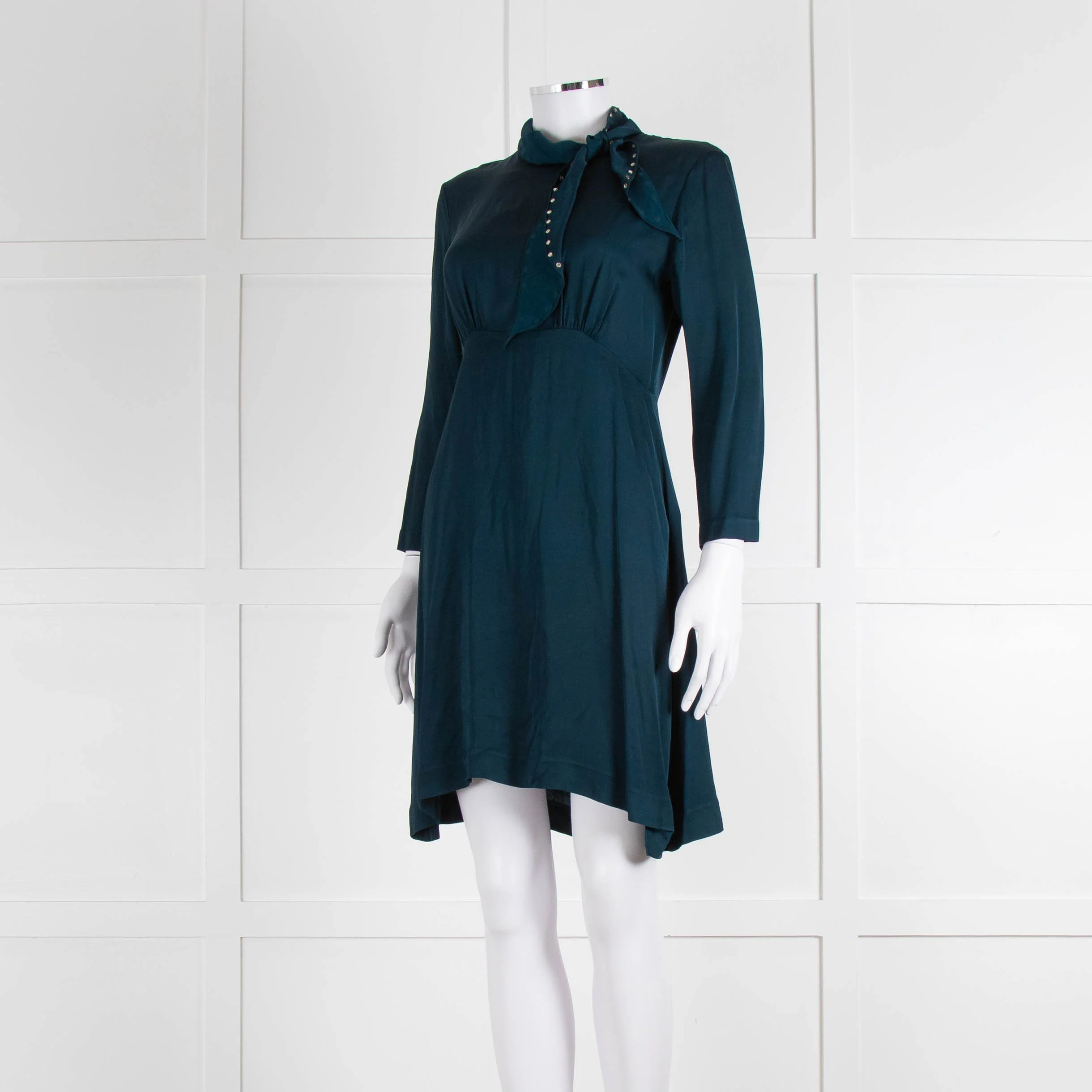 Sandro Teal Green Crystal Neck Detail Sleeved Dress - Image 8