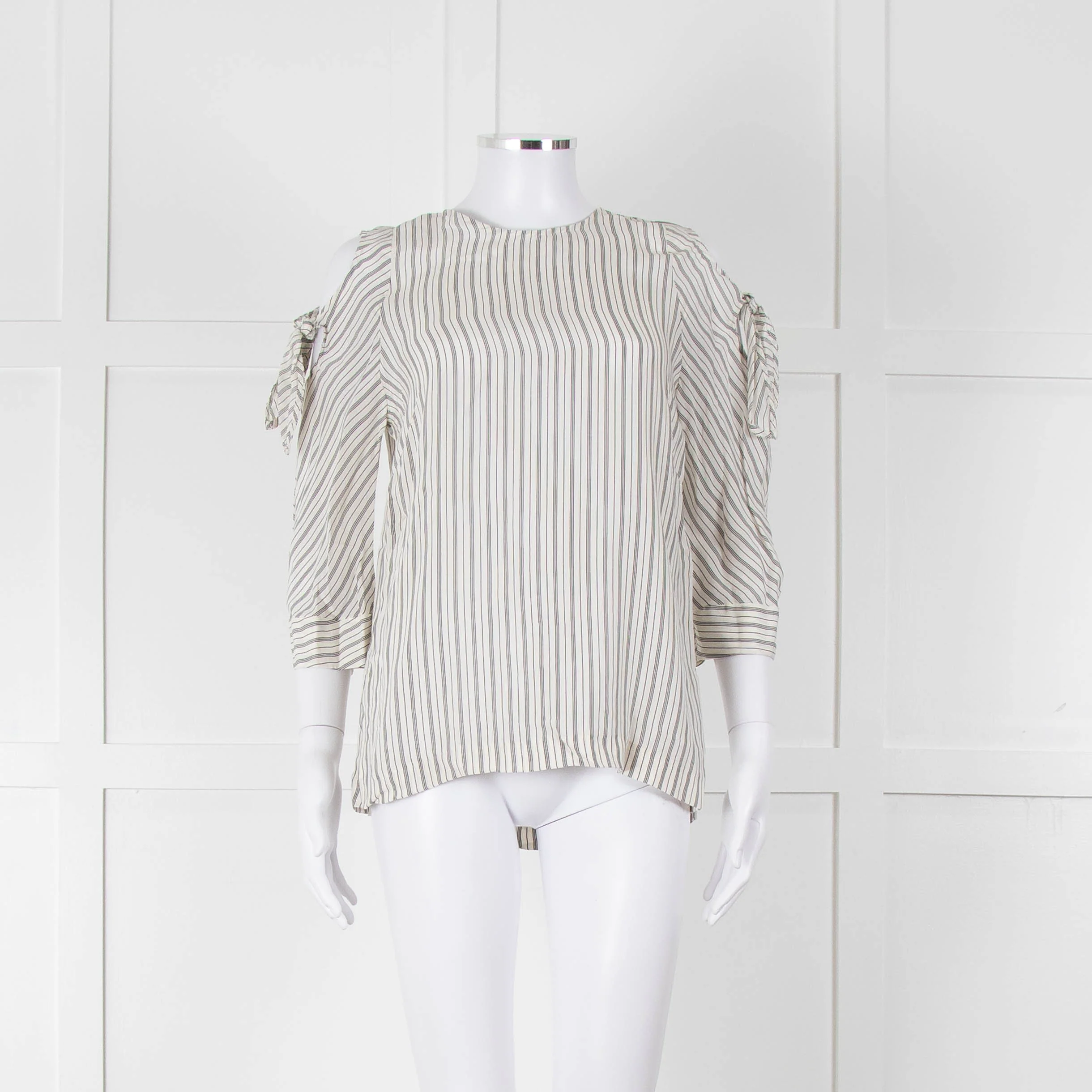 Sandro White Black Pin Striped Cut Out Shoulder Top