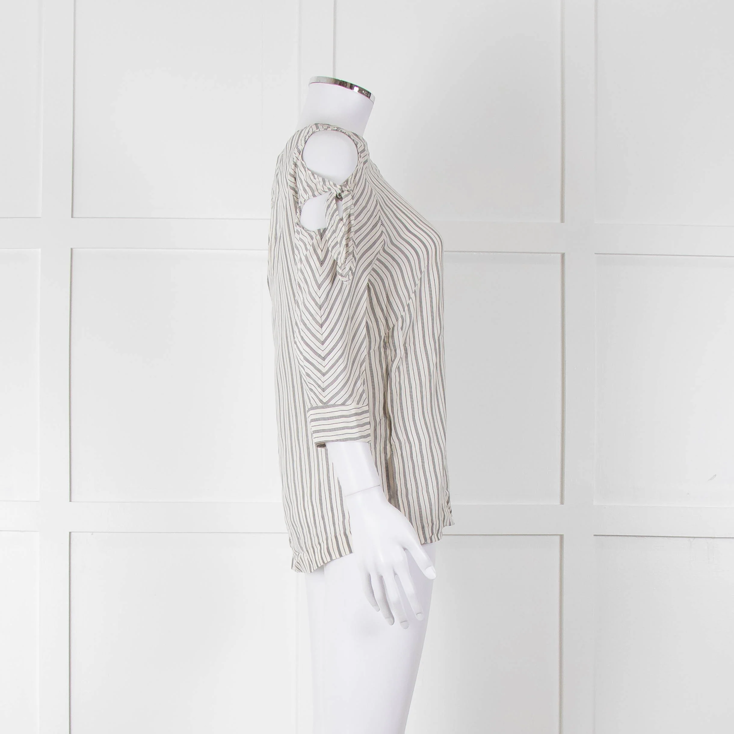 Sandro White Black Pin Striped Cut Out Shoulder Top - Image 3