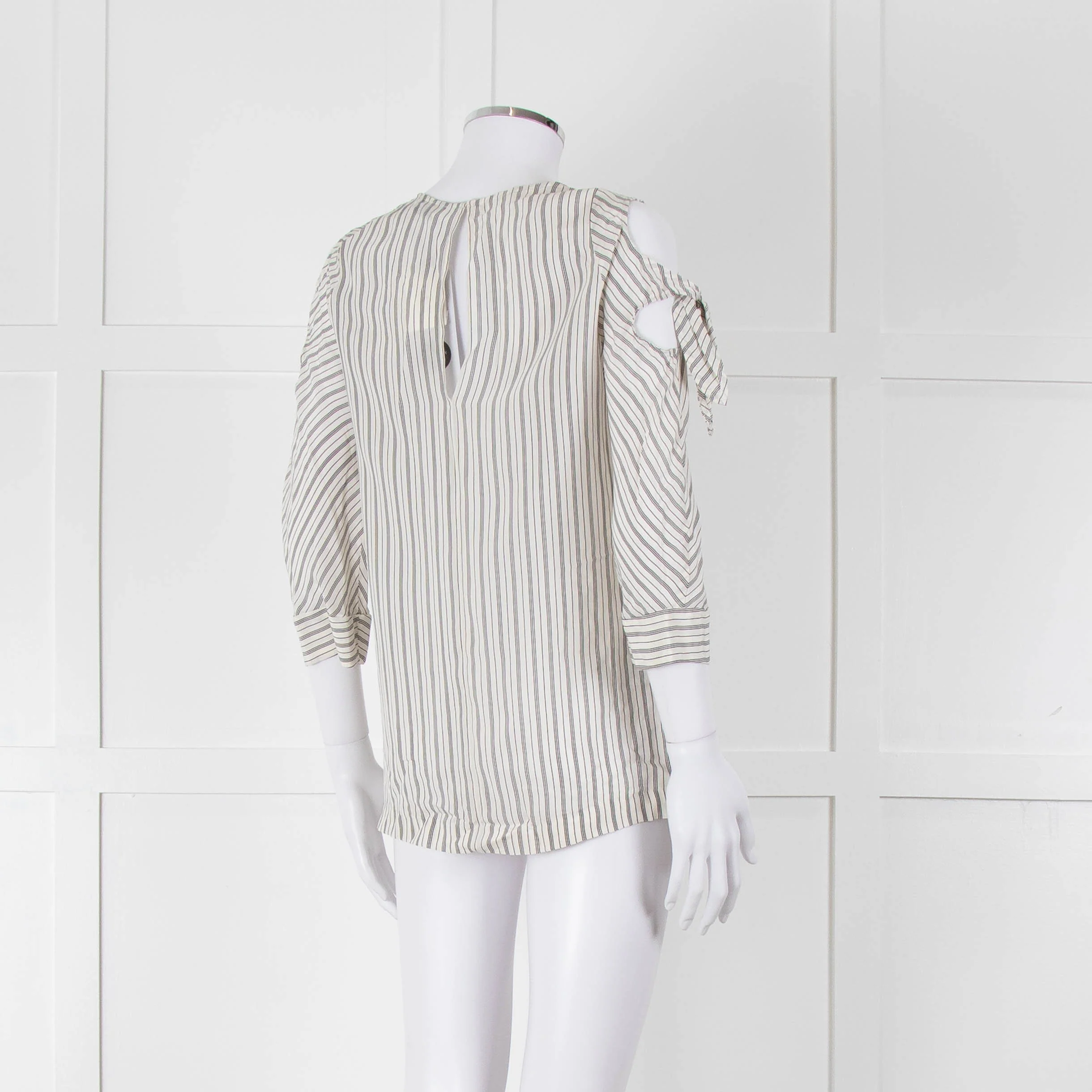 Sandro White Black Pin Striped Cut Out Shoulder Top - Image 4