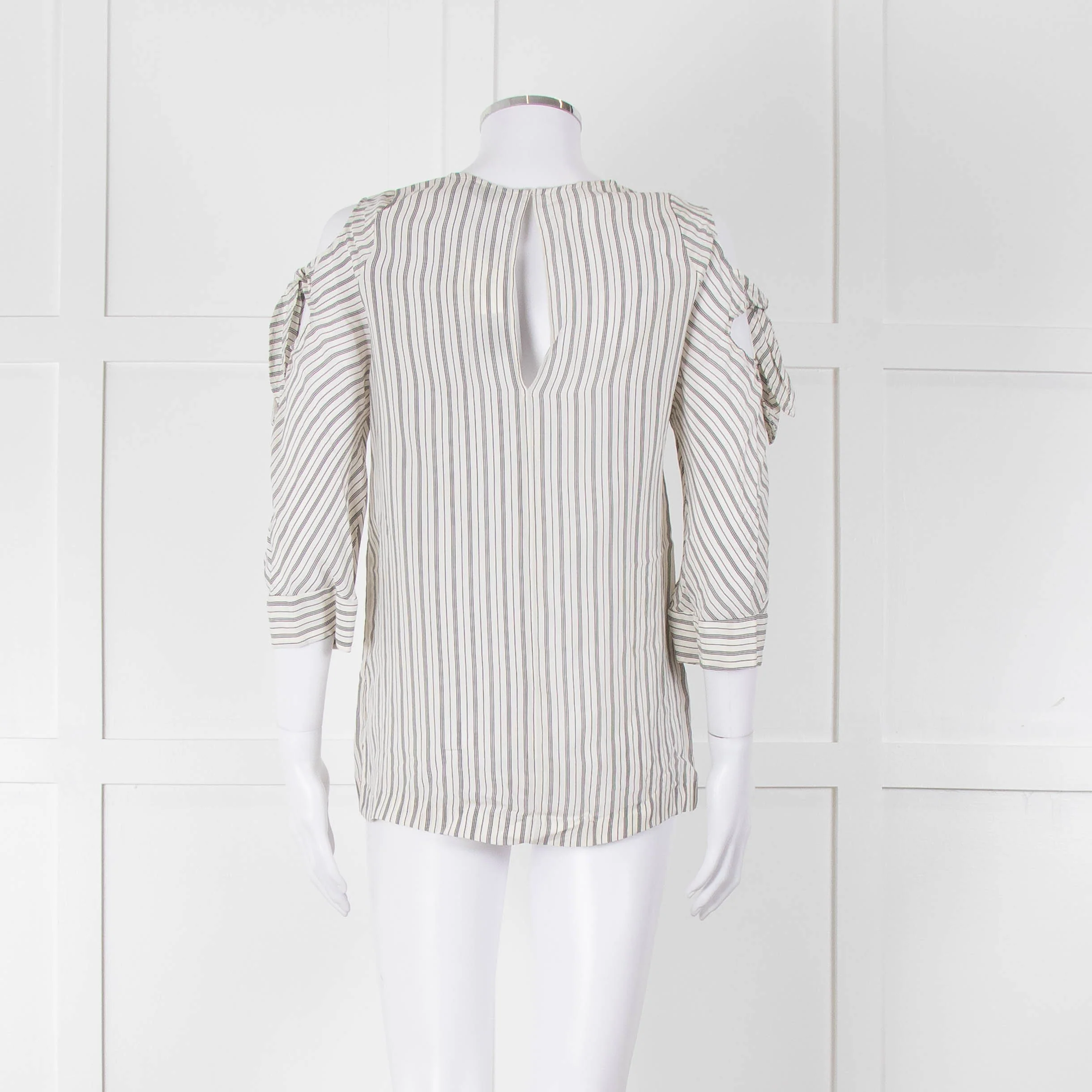 Sandro White Black Pin Striped Cut Out Shoulder Top - Image 5