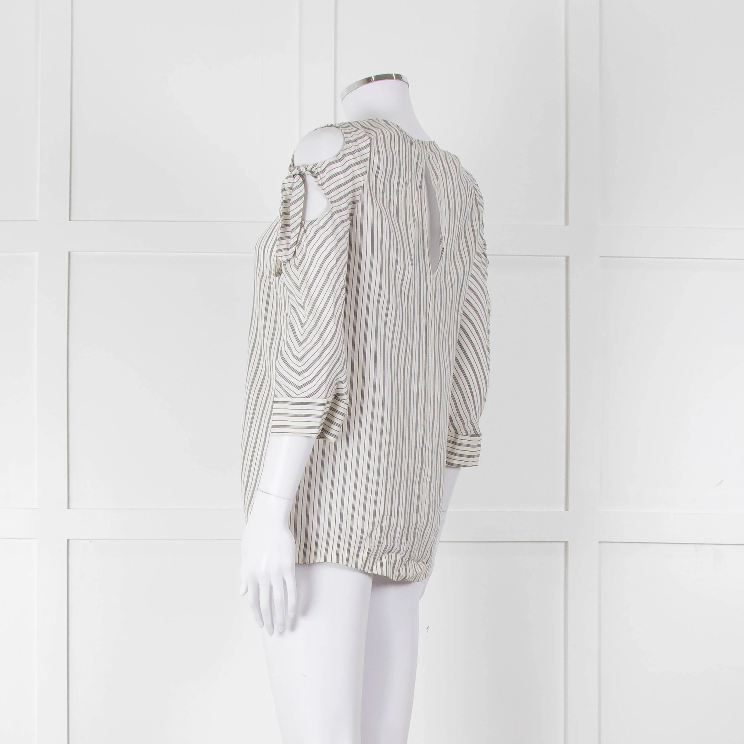 Sandro White Black Pin Striped Cut Out Shoulder Top - Image 6