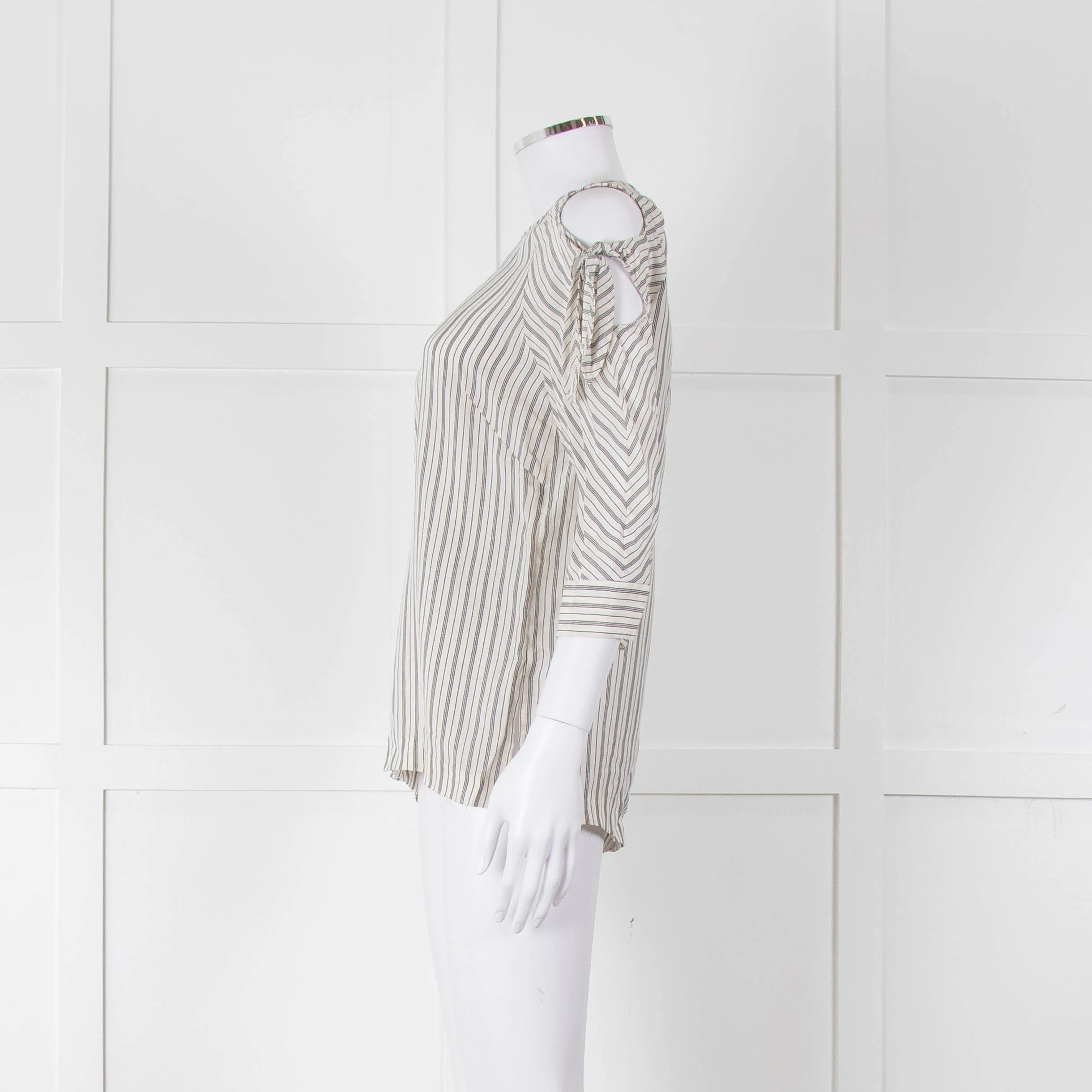 Sandro White Black Pin Striped Cut Out Shoulder Top - Image 7