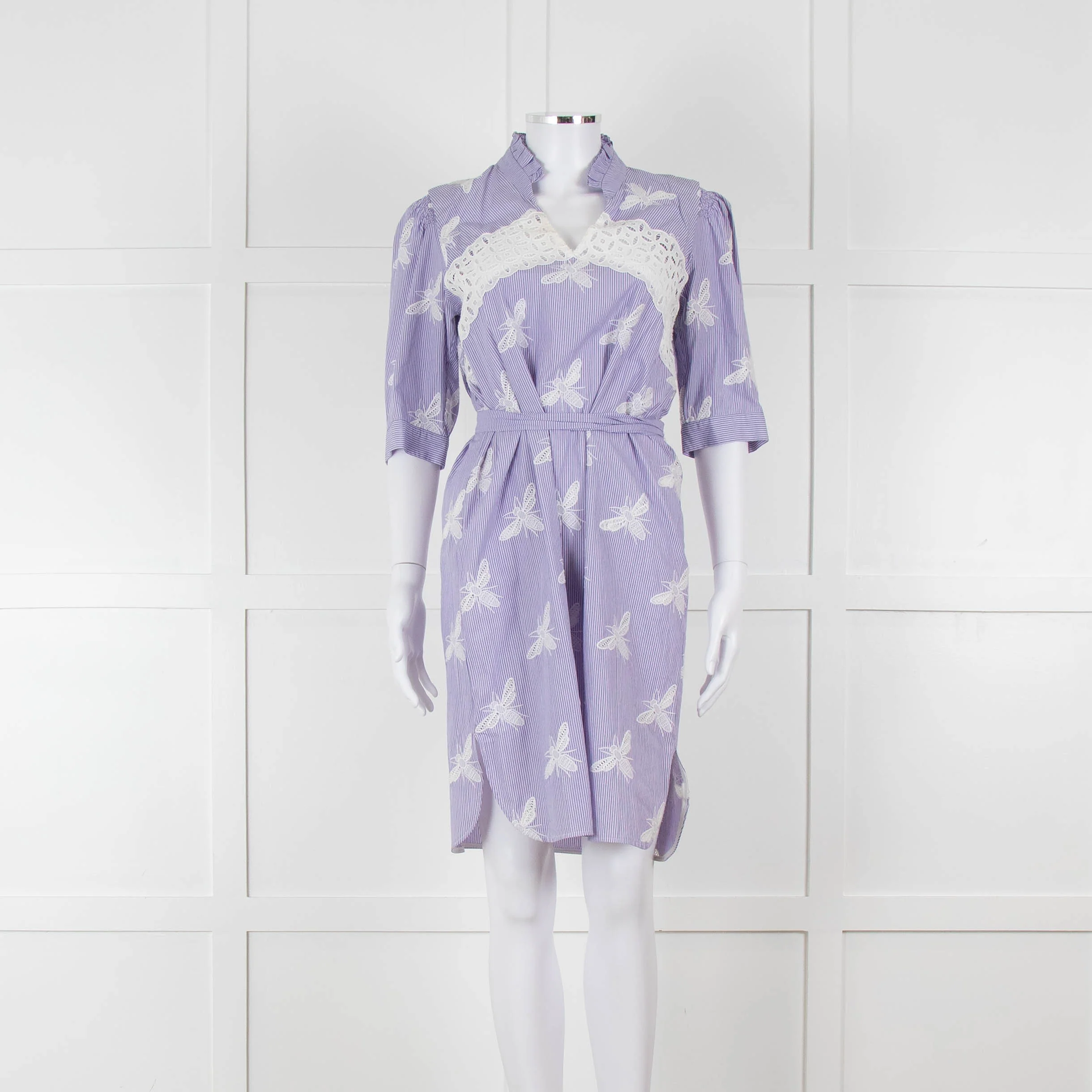 Sandro White Blue Striped Lace Bee Cotton Dress