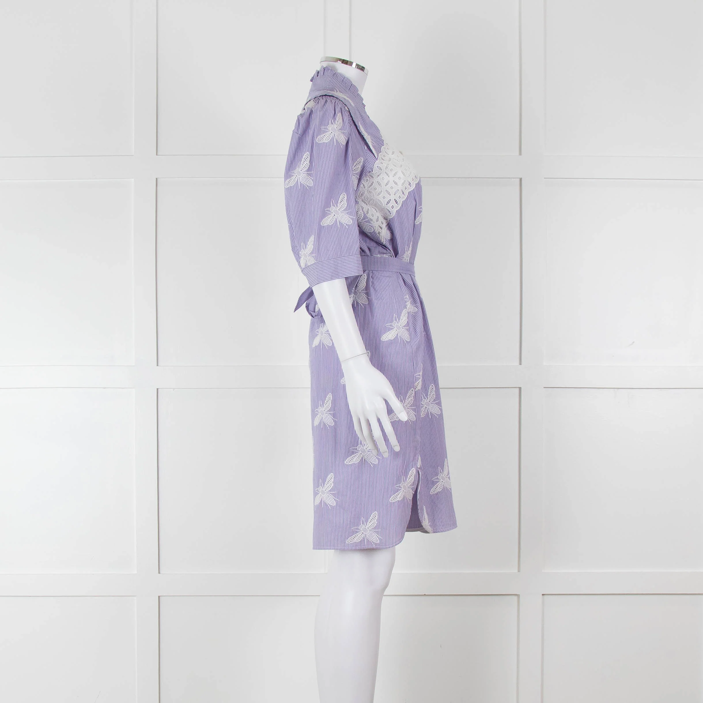 Sandro White Blue Striped Lace Bee Cotton Dress - Image 3