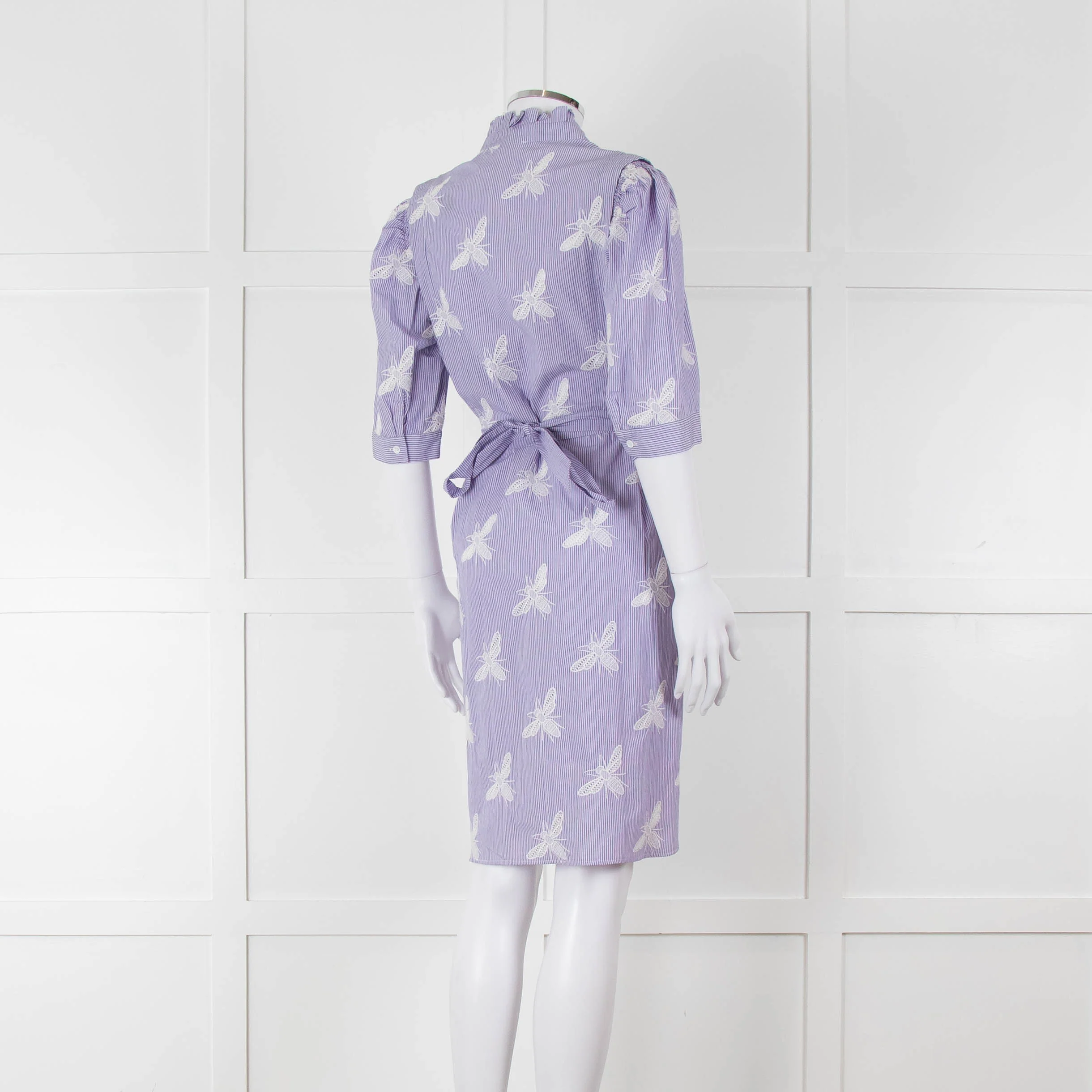 Sandro White Blue Striped Lace Bee Cotton Dress - Image 4