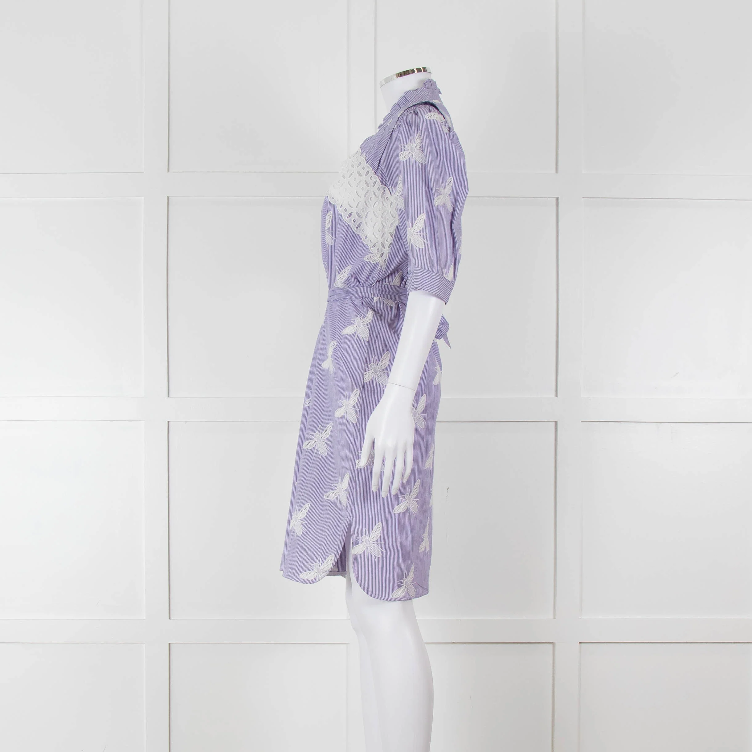 Sandro White Blue Striped Lace Bee Cotton Dress - Image 7