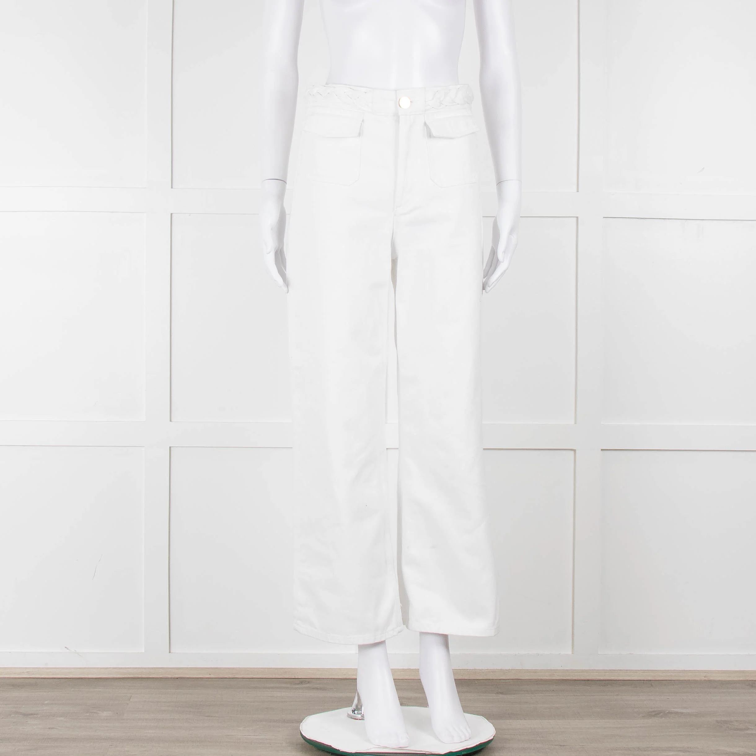 Sandro White Denim Braided Waist Front Pocket Detail Wide Leg Jeans