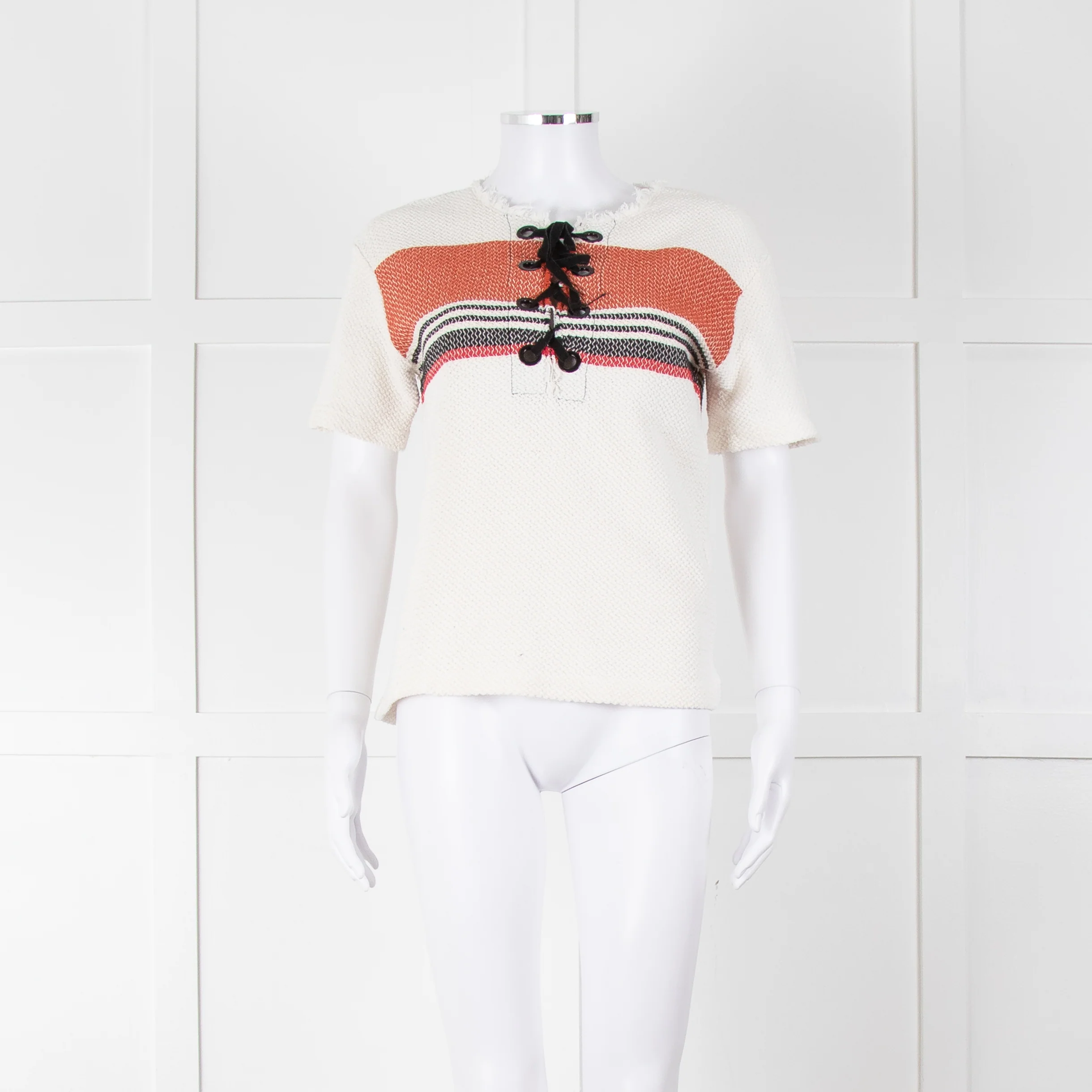 Sandro White Knitted Short Sleeve Top W. Multicolour Stripes