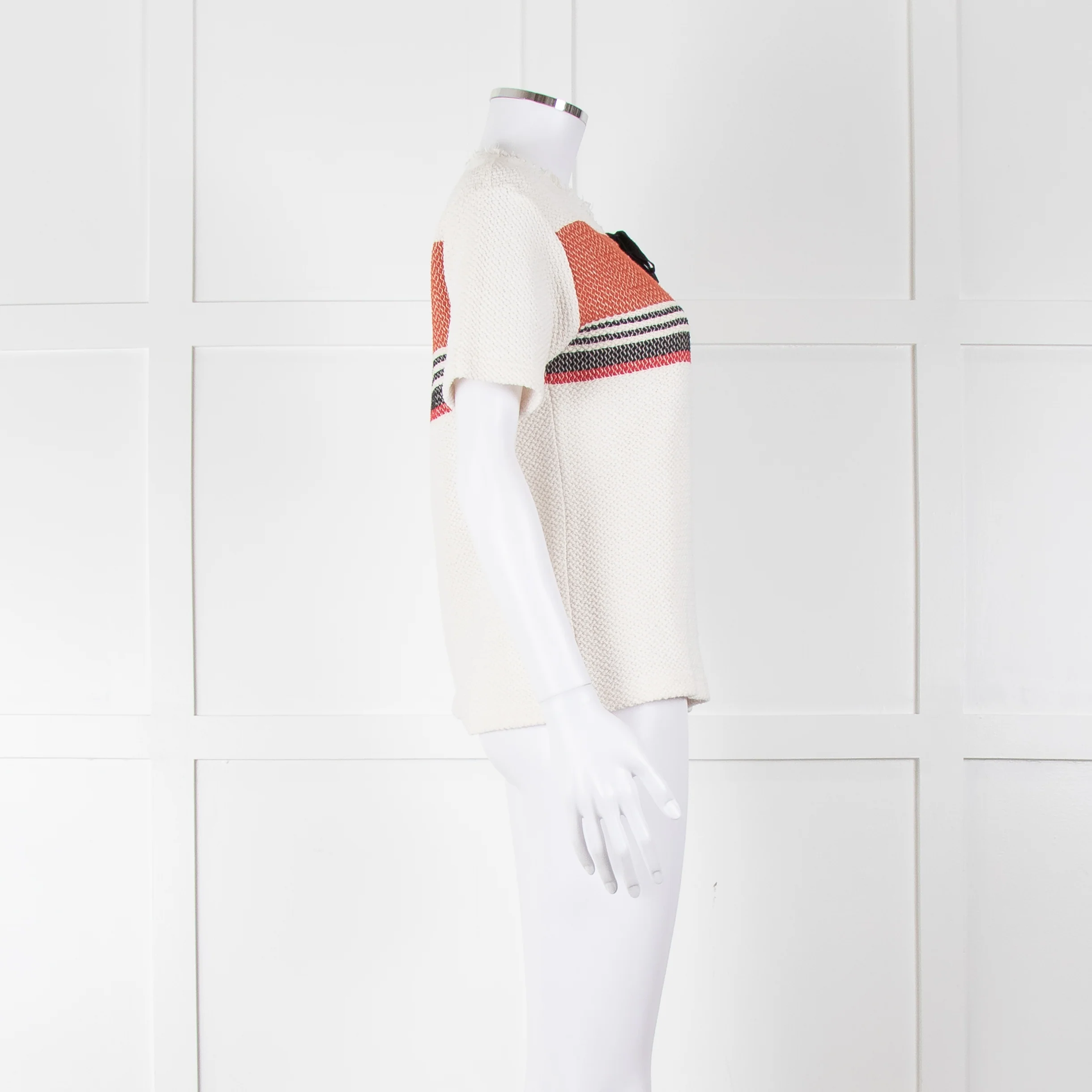 Sandro White Knitted Short Sleeve Top W. Multicolour Stripes - Image 3
