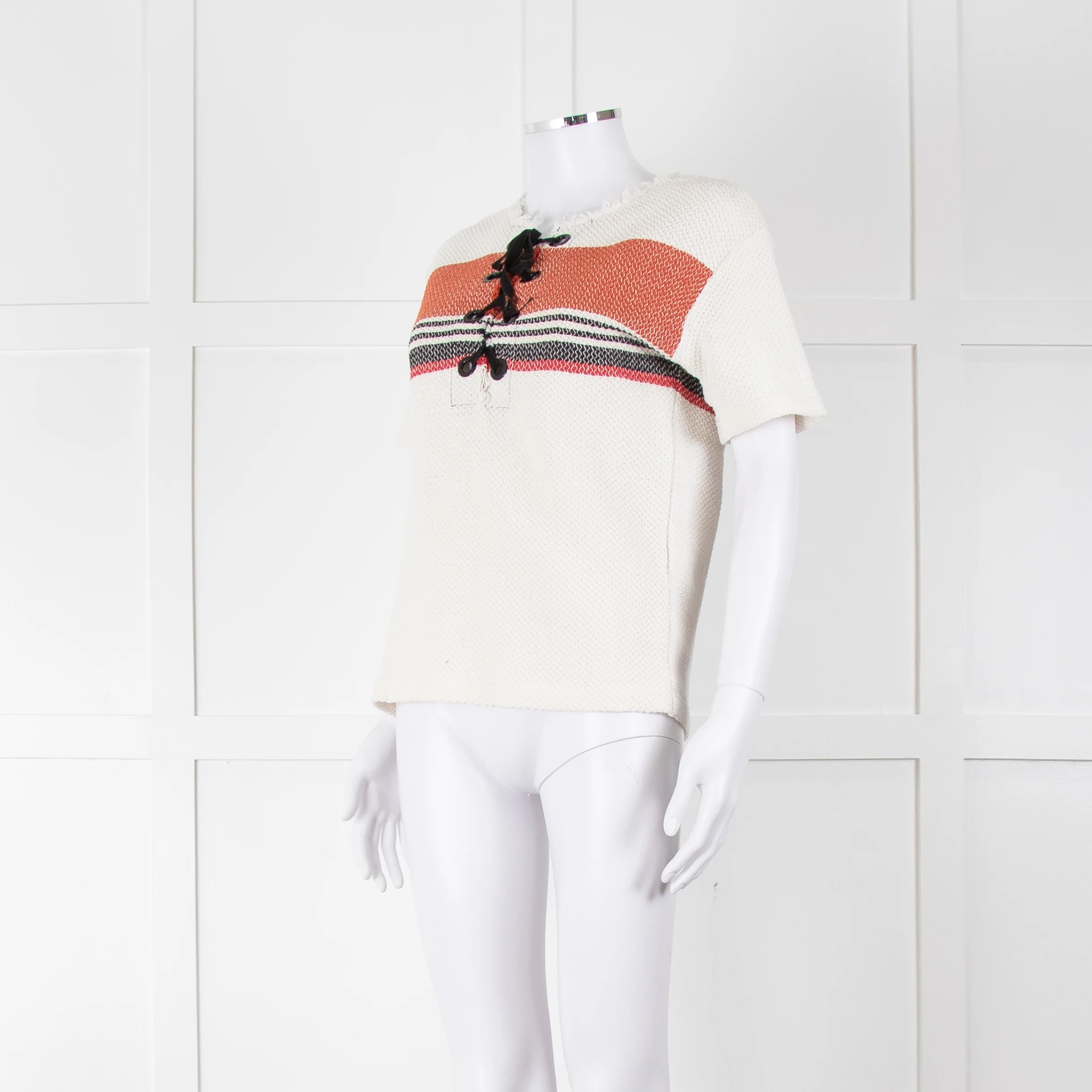 Sandro White Knitted Short Sleeve Top W. Multicolour Stripes - Image 8