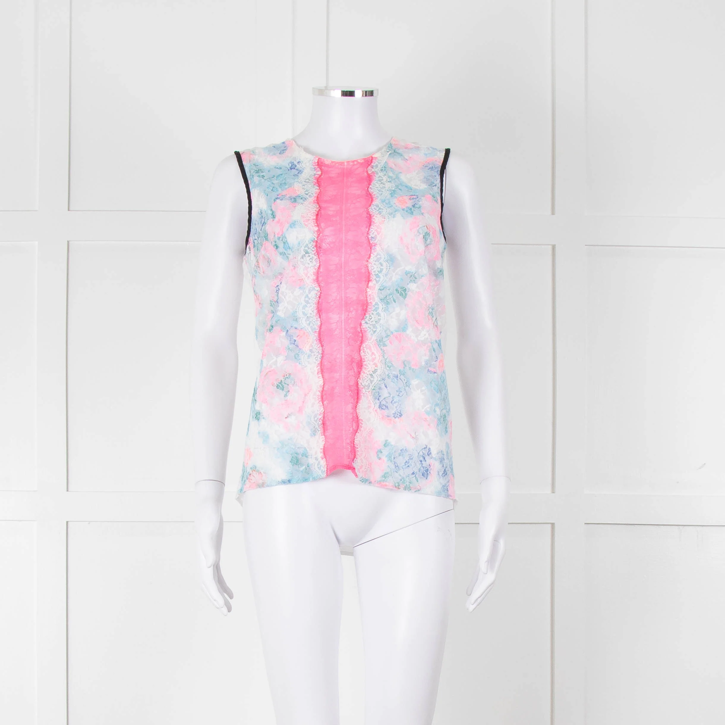 Sandro White Neon Pink Lace Front Sleeveless Top