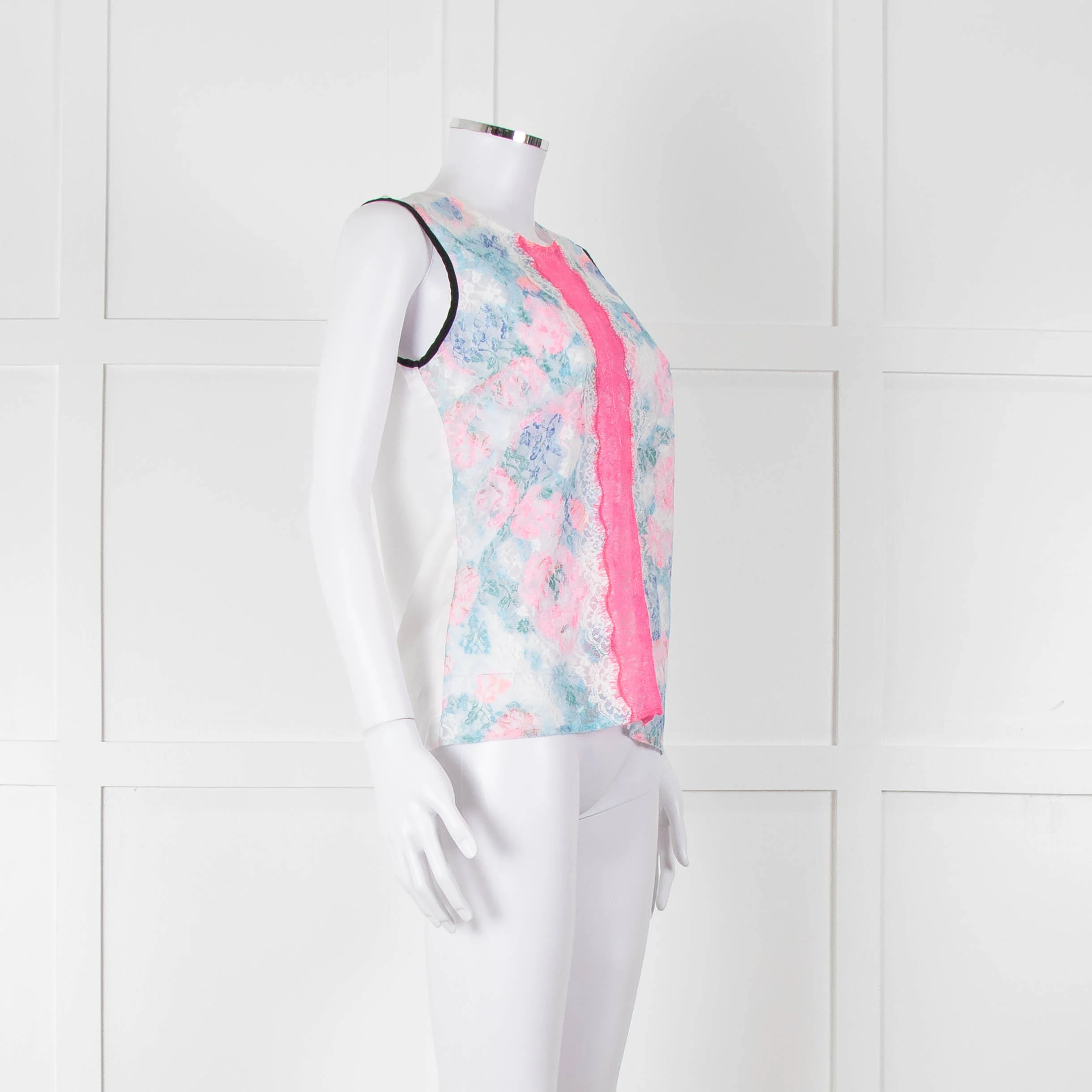 Sandro White Neon Pink Lace Front Sleeveless Top - Image 2