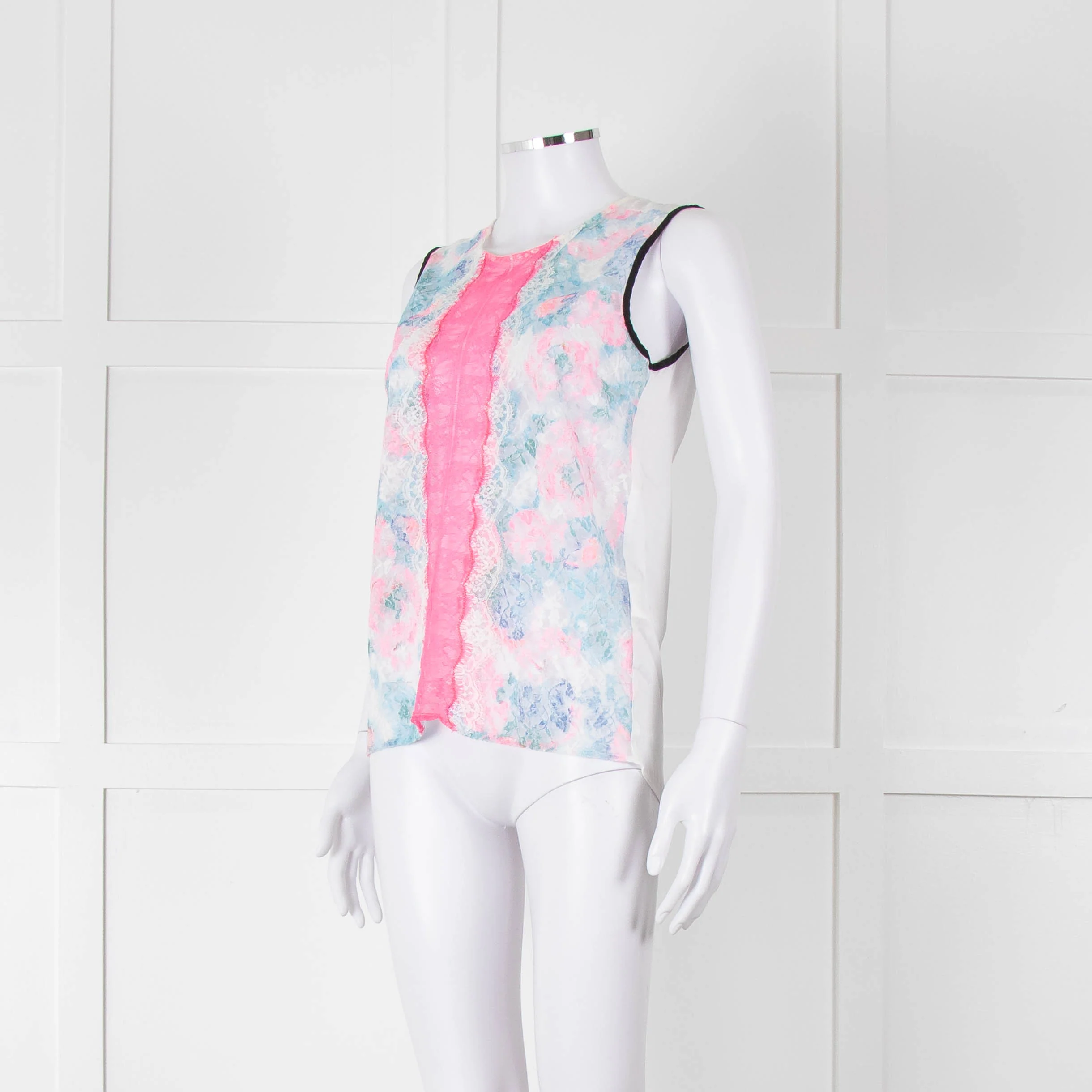 Sandro White Neon Pink Lace Front Sleeveless Top - Image 8