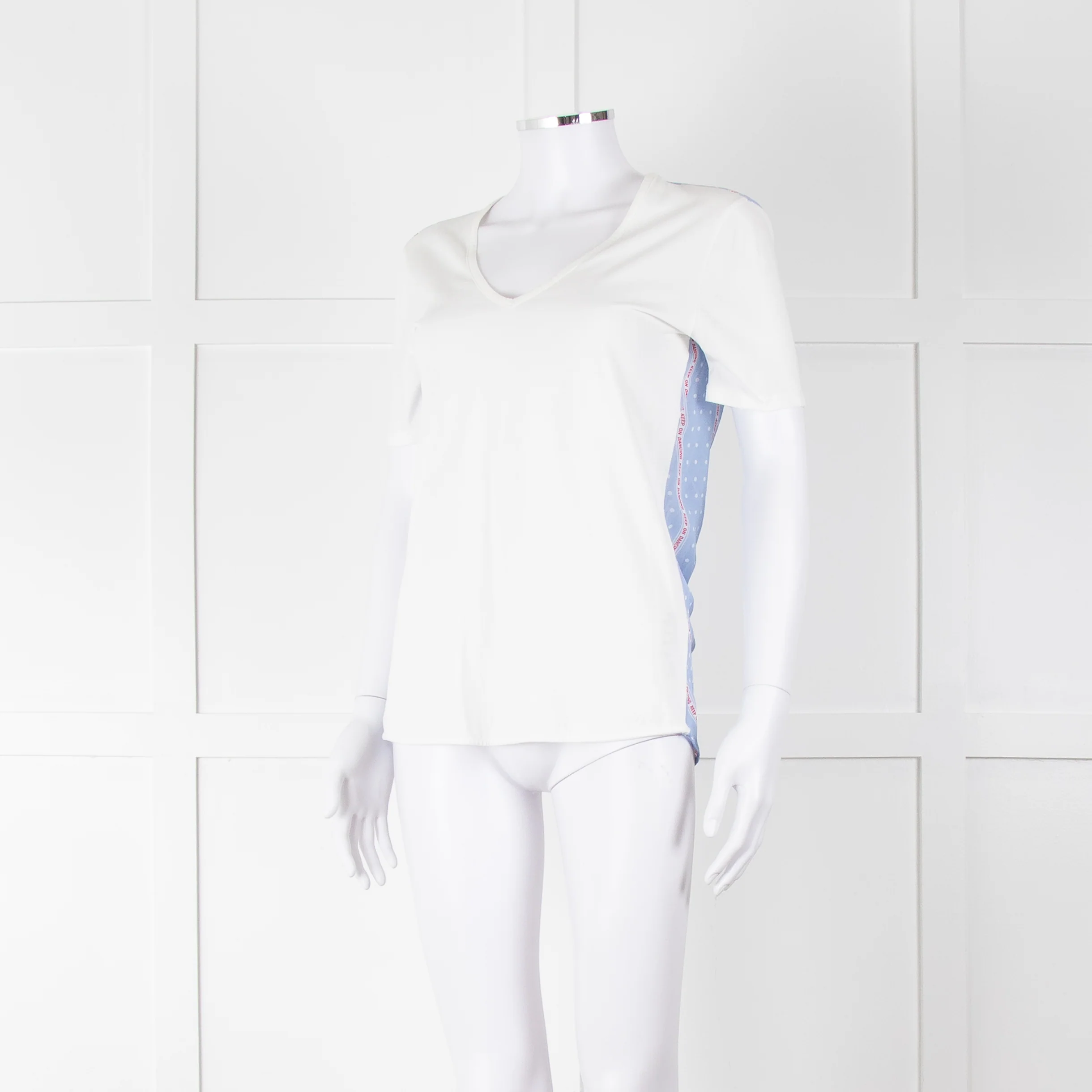 Sandro White V Neck T Shirt With Blue & White Stripe Back - Image 8