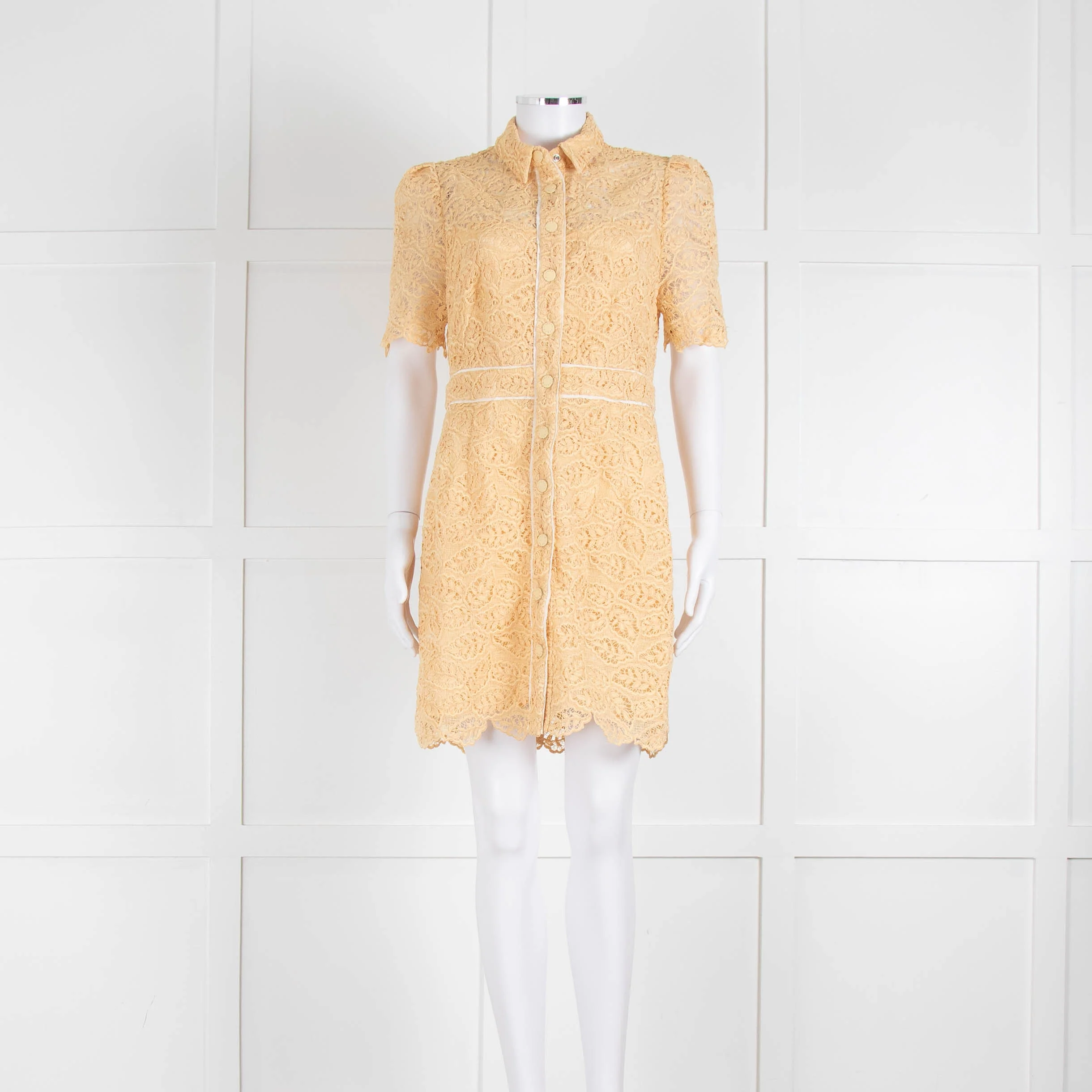 Sandro Yellow Lace Short Sleeve Shift Dress with Front Poppers