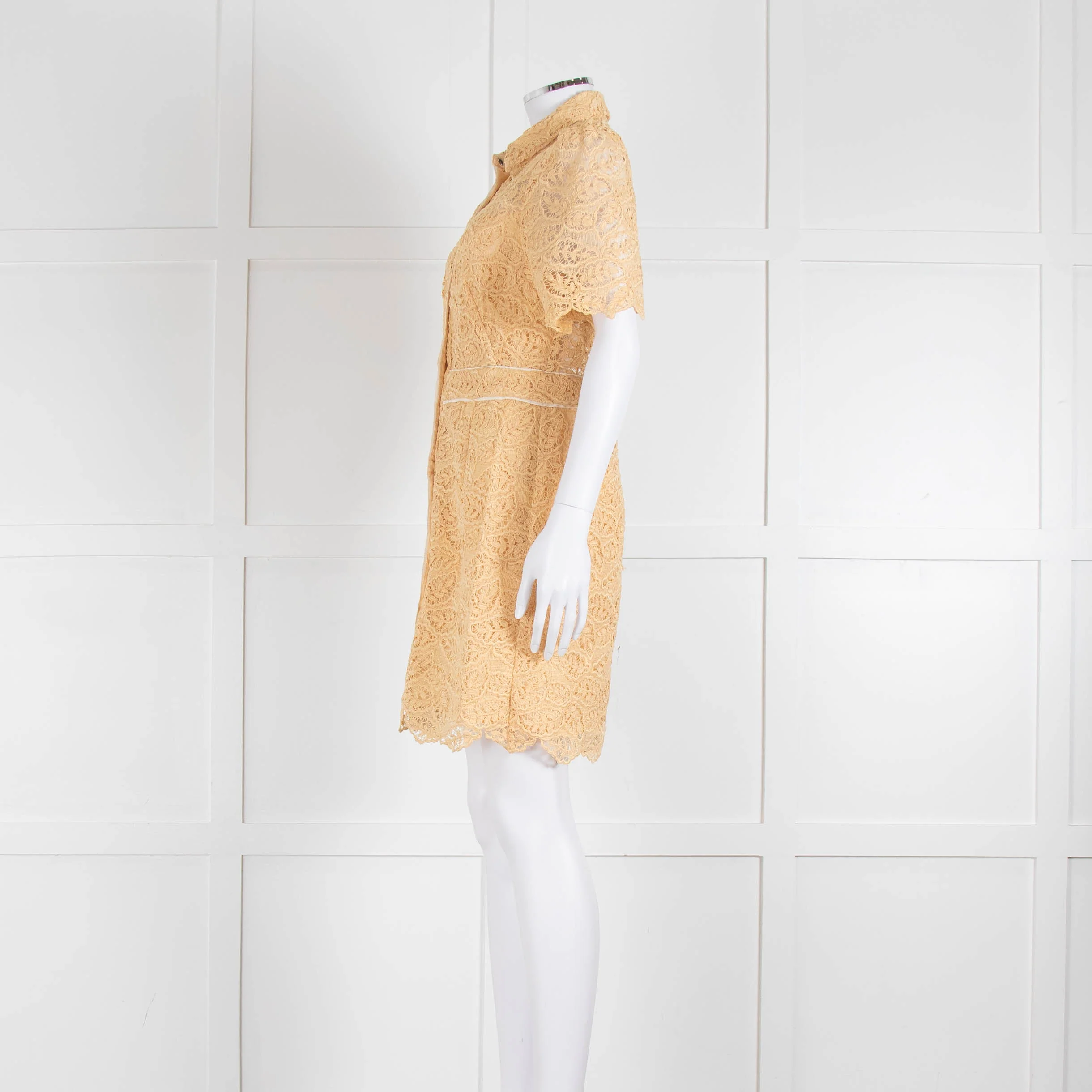 Sandro Yellow Lace Short Sleeve Shift Dress with Front Poppers - Image 7