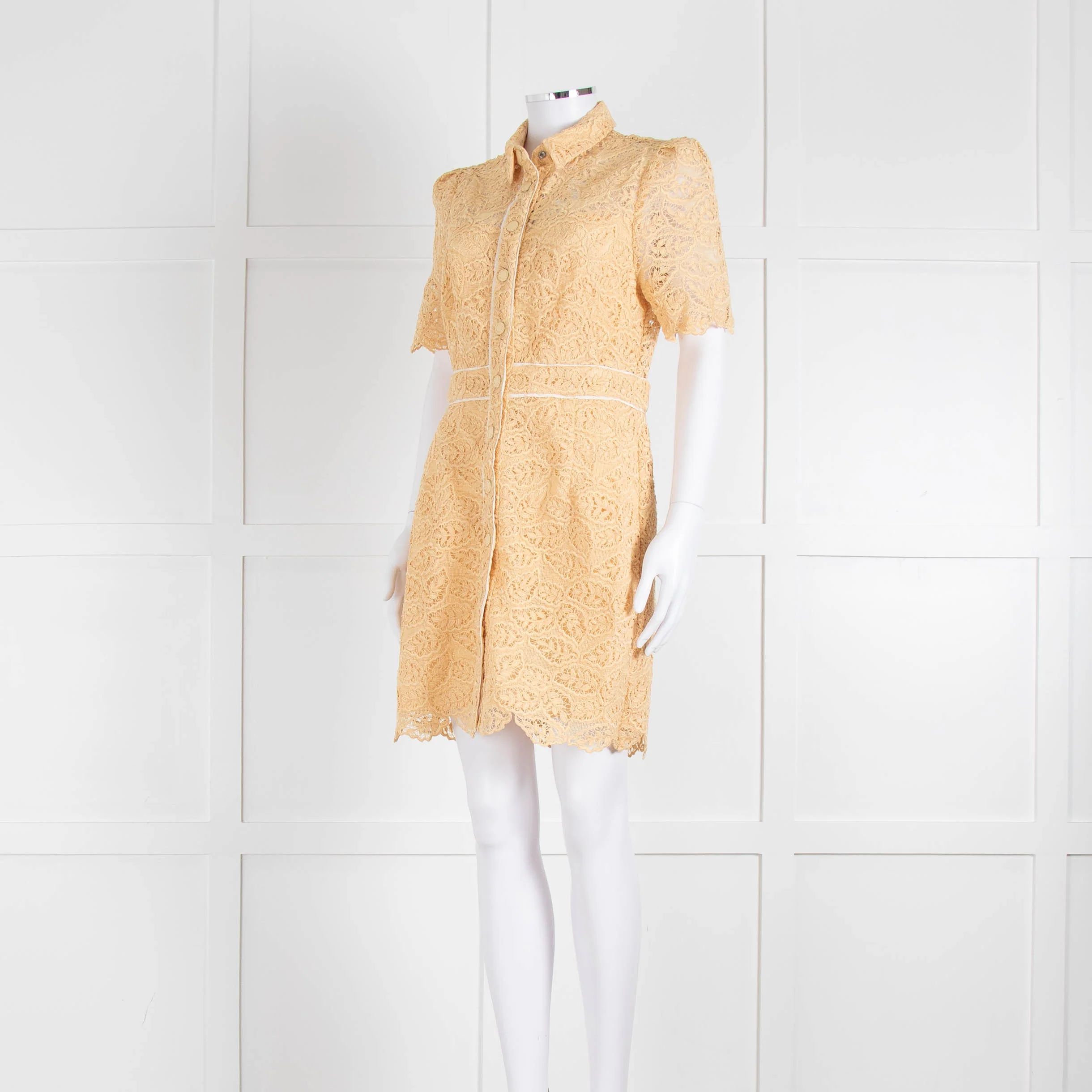 Sandro Yellow Lace Short Sleeve Shift Dress with Front Poppers - Image 8