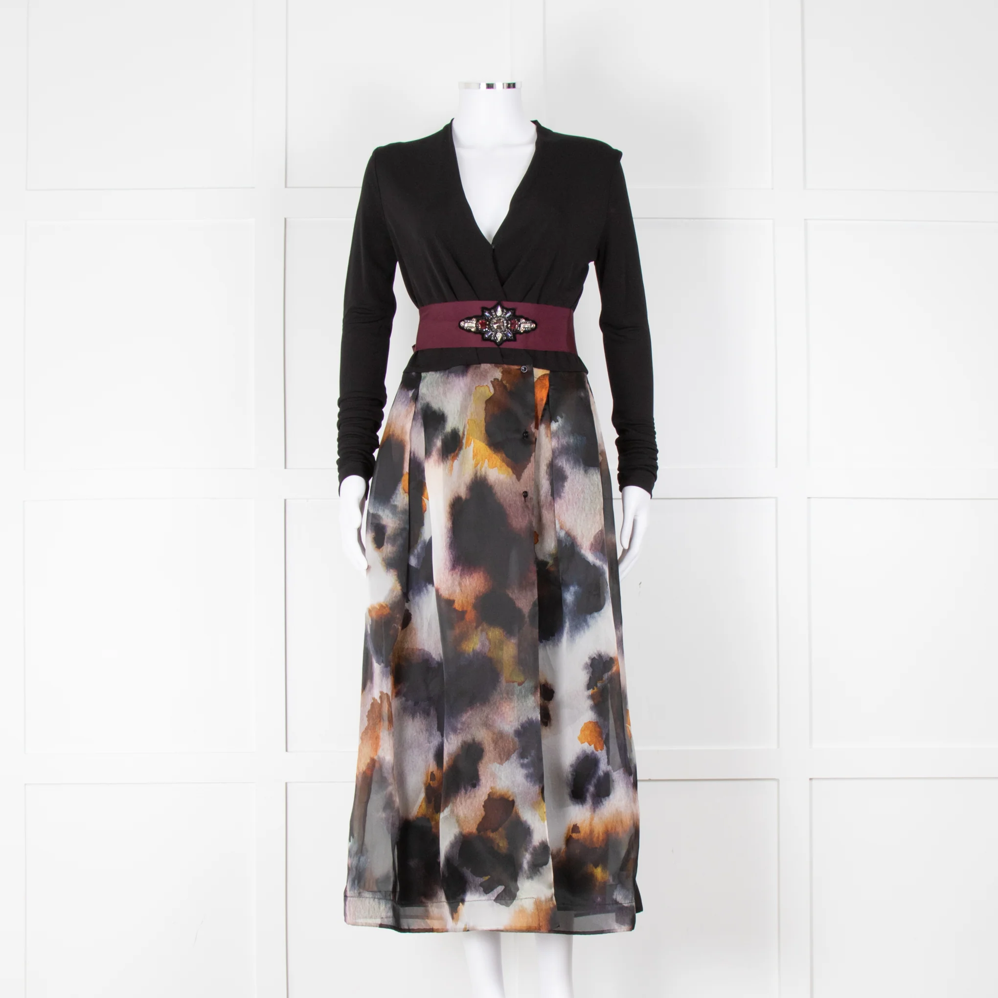 Sara Roka Black White Orange Print Organza Embellished Belt Midi Dress