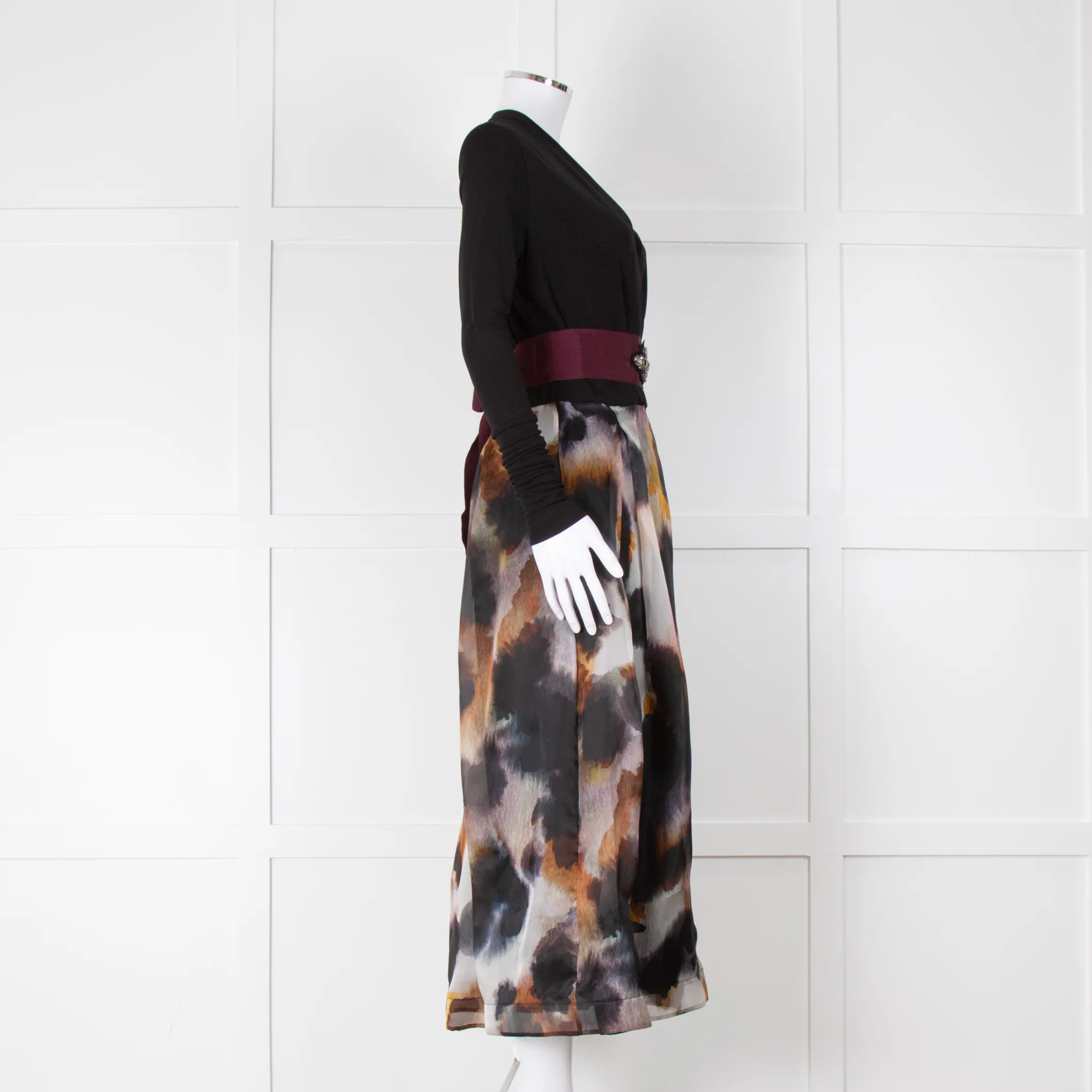 Sara Roka Black White Orange Print Organza Embellished Belt Midi Dress - Image 2