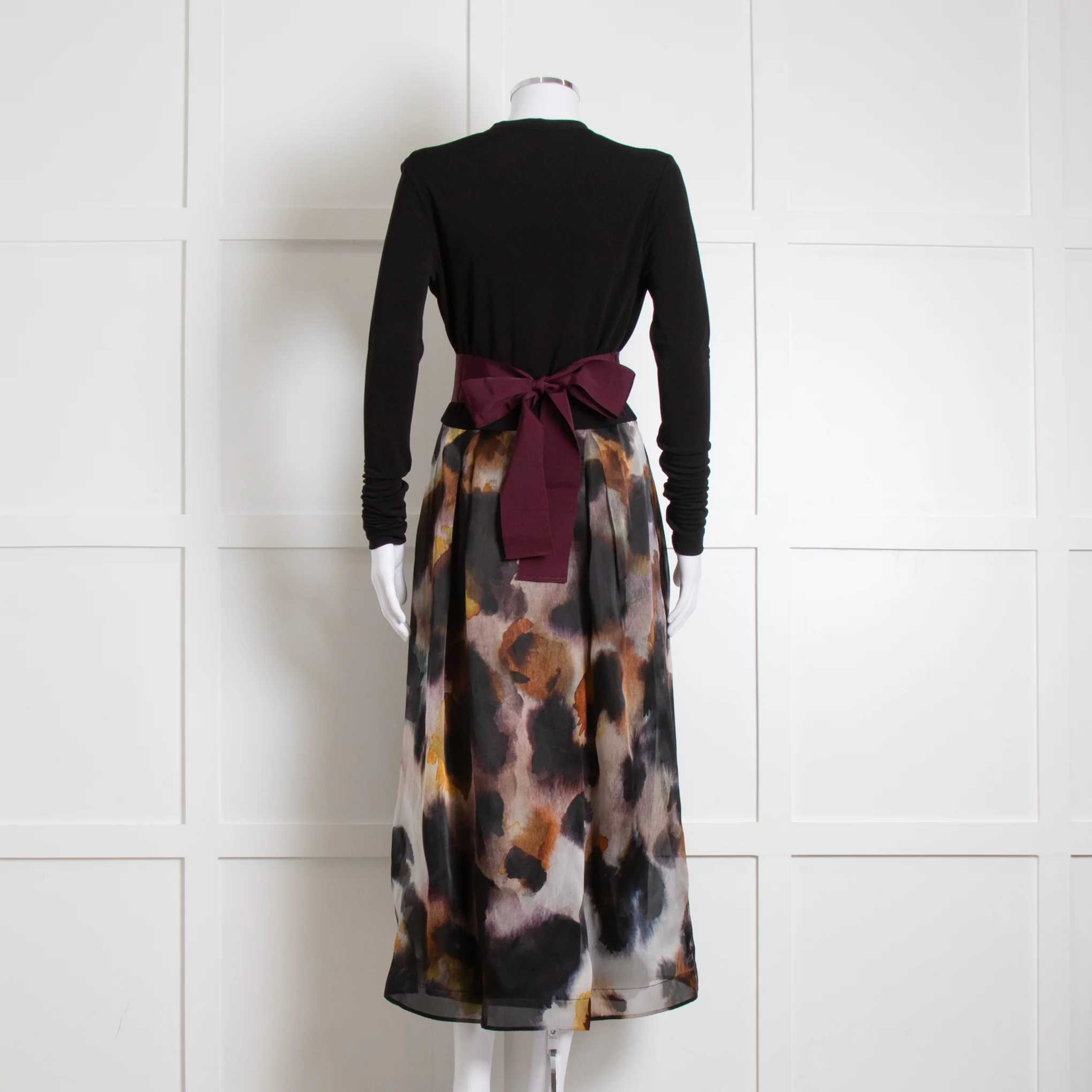 Sara Roka Black White Orange Print Organza Embellished Belt Midi Dress - Image 3