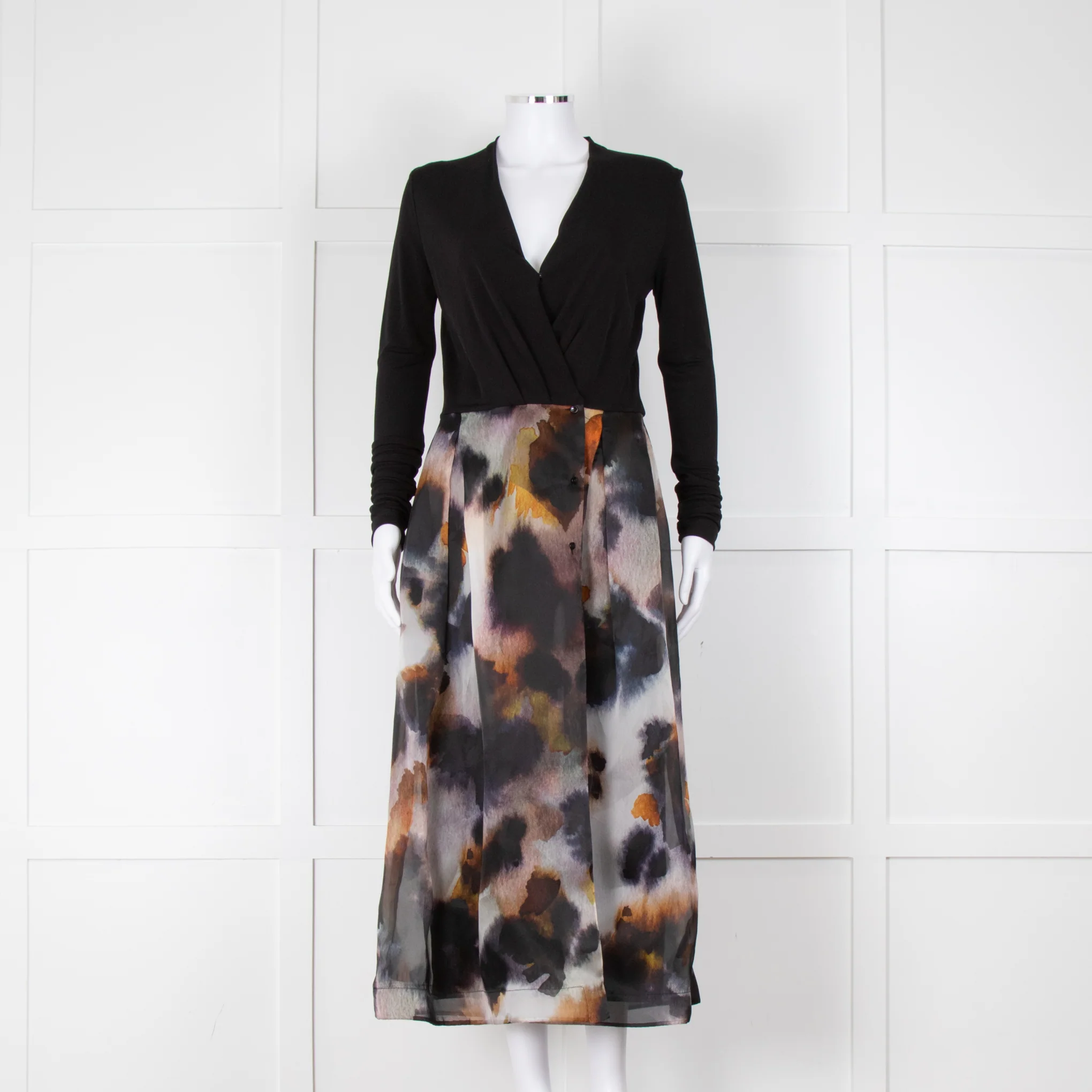 Sara Roka Black White Orange Print Organza Embellished Belt Midi Dress - Image 4