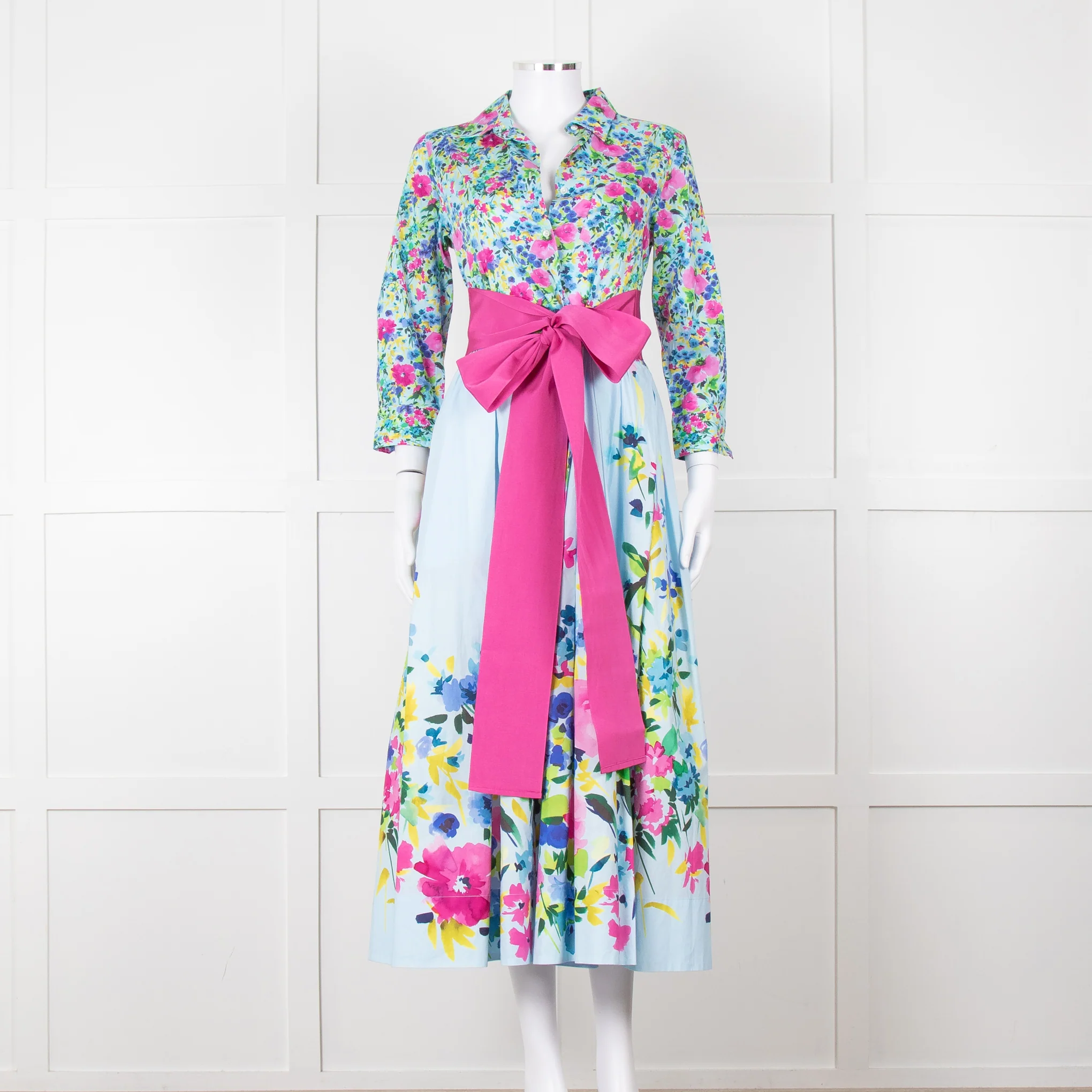 Sara Roka Pale Blue Pink Floral Maxi Cotton Twin Belted Dress