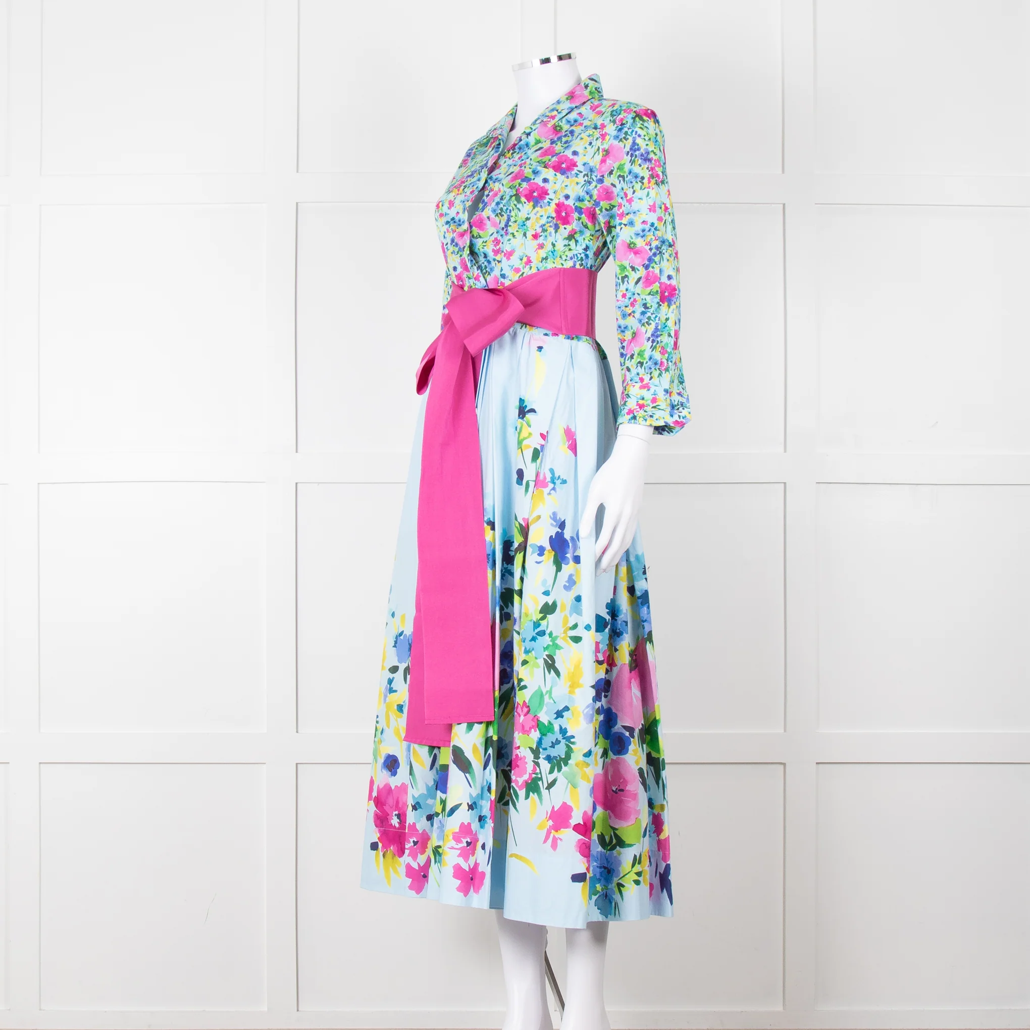 Sara Roka Pale Blue Pink Floral Maxi Cotton Twin Belted Dress - Image 10