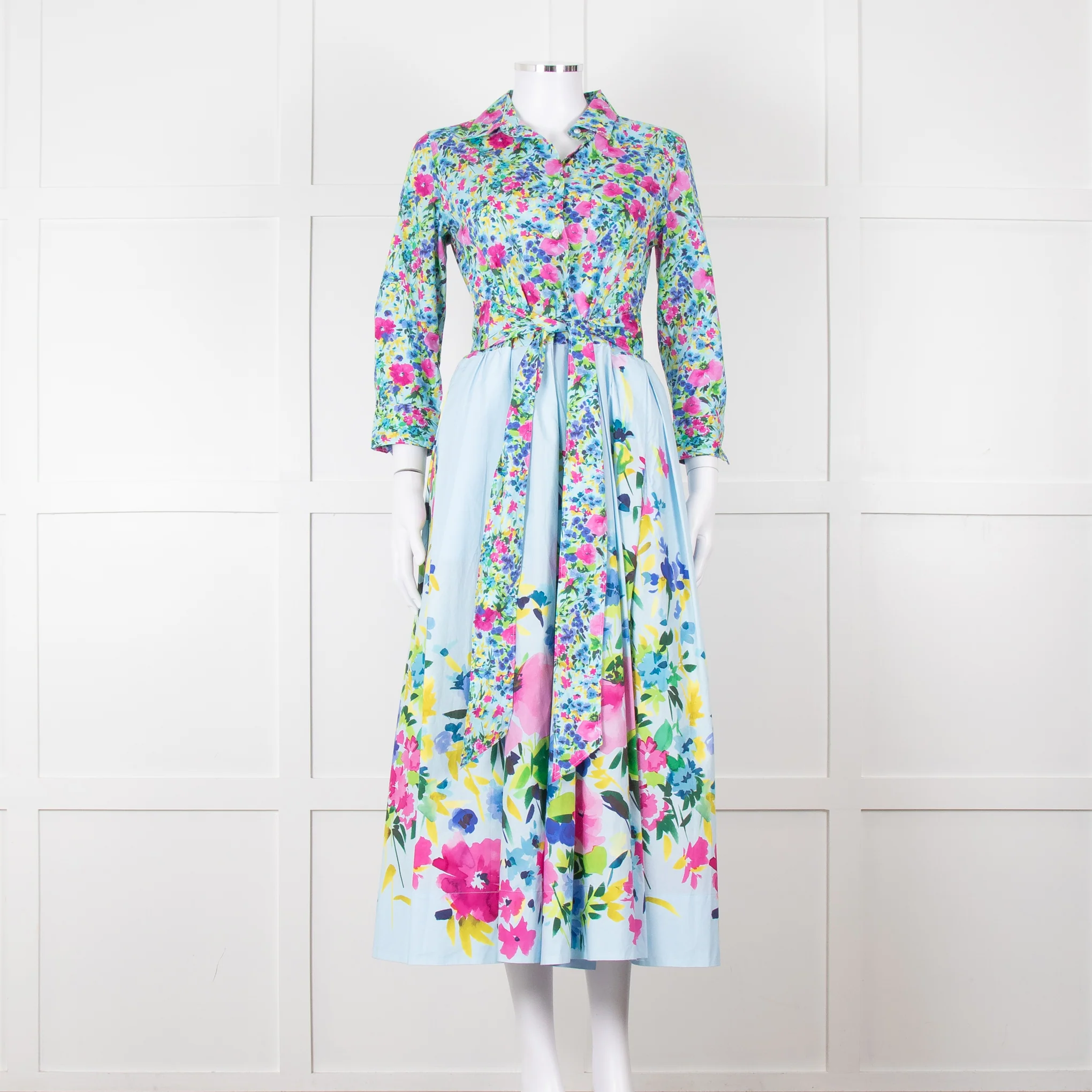 Sara Roka Pale Blue Pink Floral Maxi Cotton Twin Belted Dress - Image 2