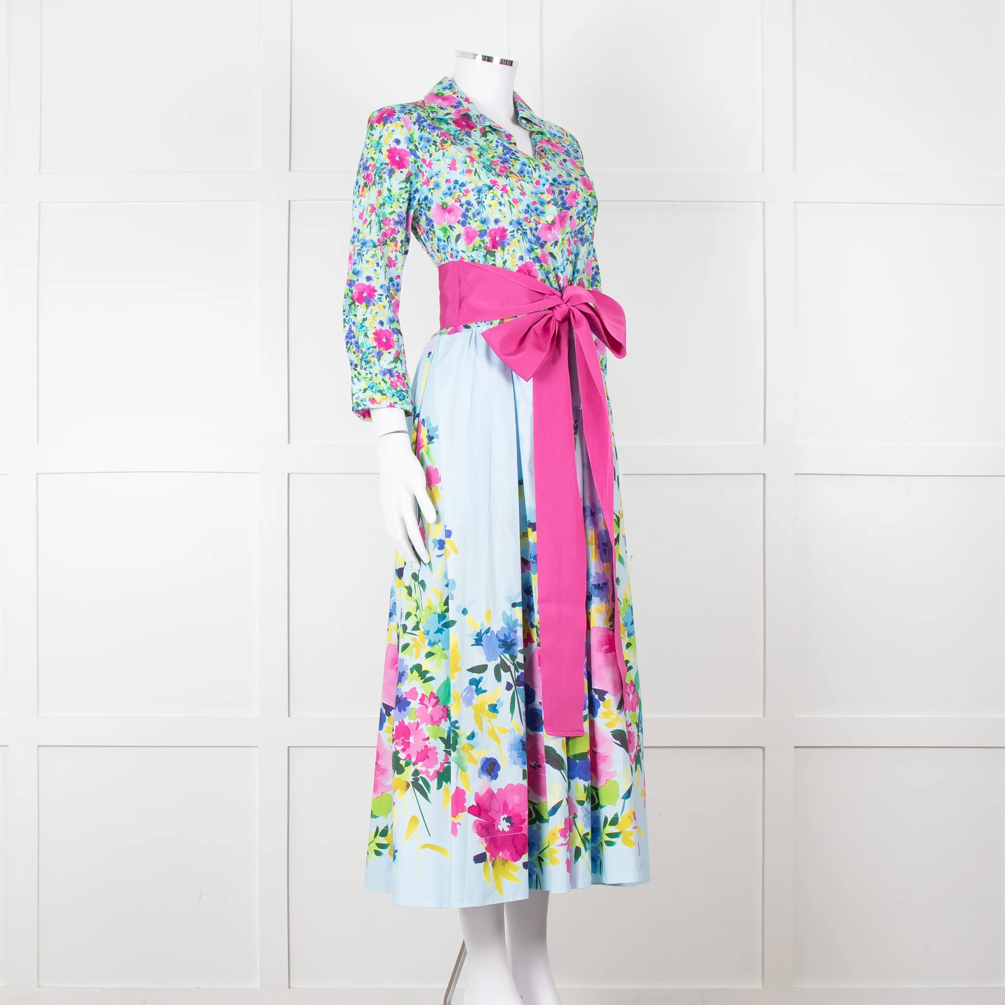 Sara Roka Pale Blue Pink Floral Maxi Cotton Twin Belted Dress - Image 3