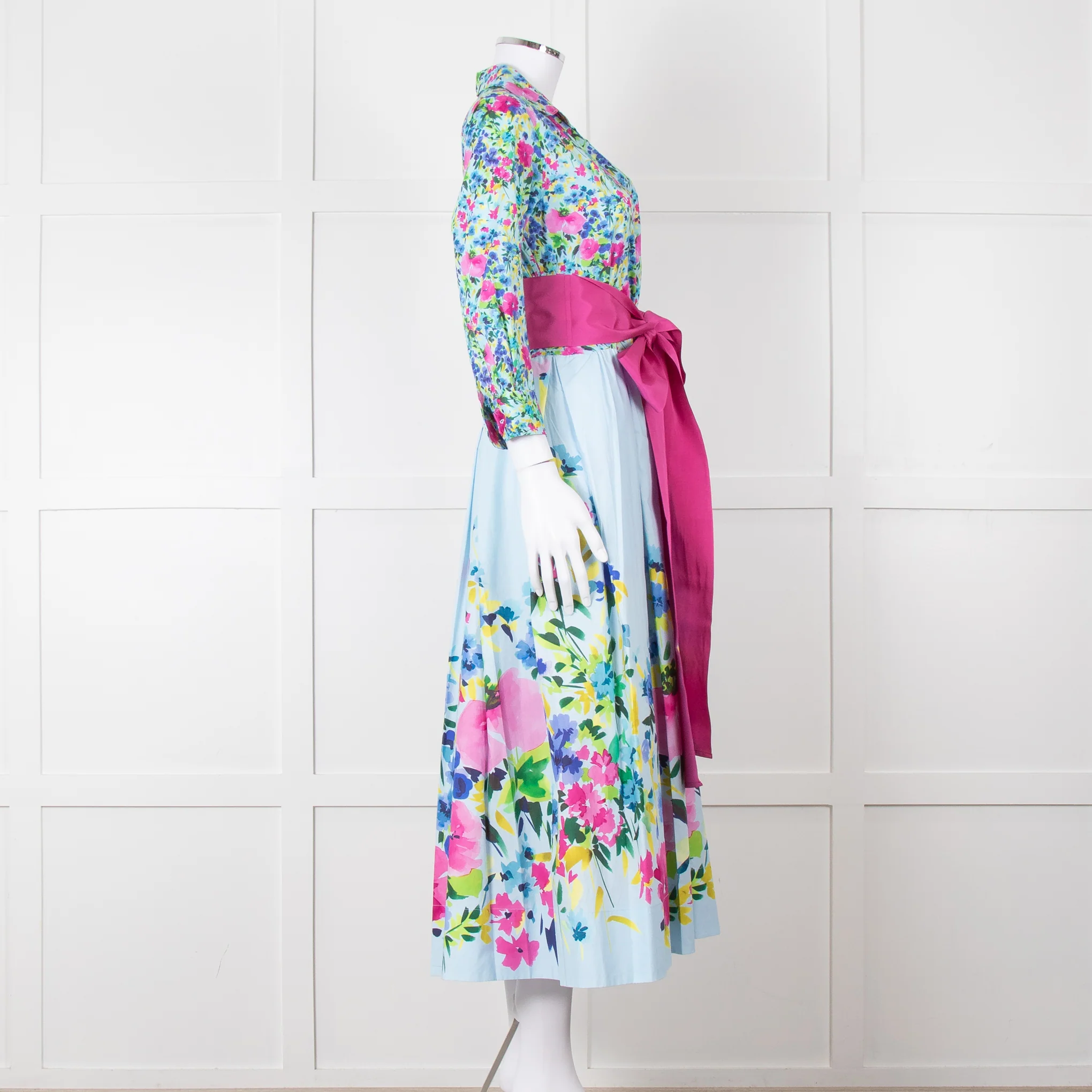 Sara Roka Pale Blue Pink Floral Maxi Cotton Twin Belted Dress - Image 4