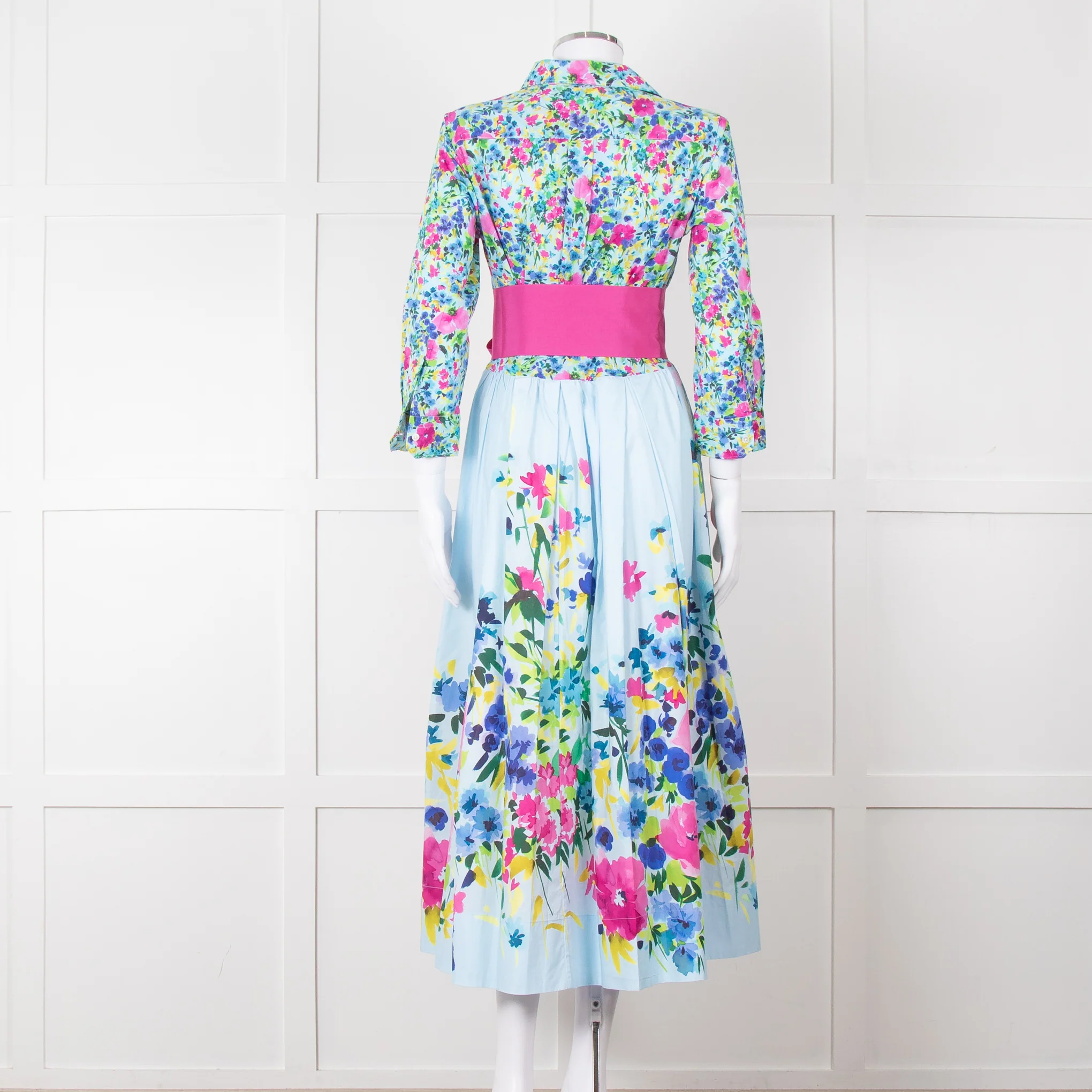 Sara Roka Pale Blue Pink Floral Maxi Cotton Twin Belted Dress - Image 6