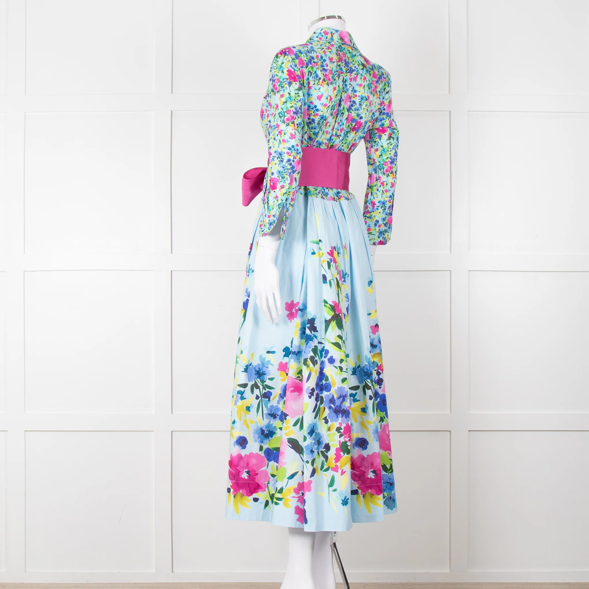 Sara Roka Pale Blue Pink Floral Maxi Cotton Twin Belted Dress - Image 7