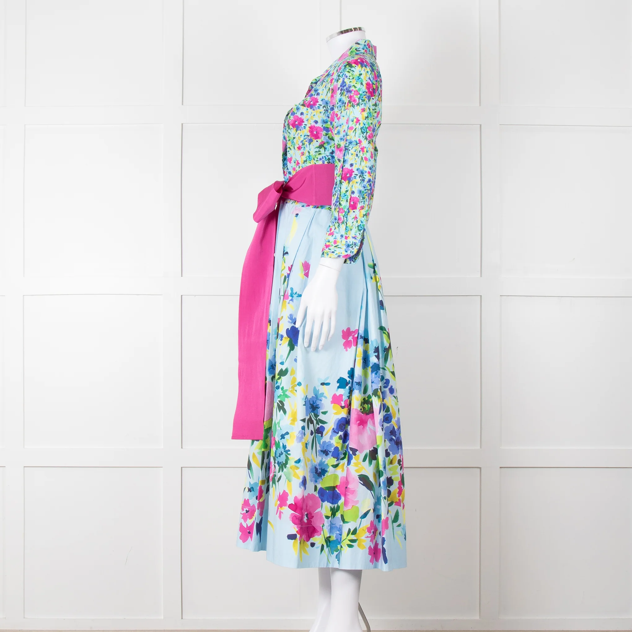 Sara Roka Pale Blue Pink Floral Maxi Cotton Twin Belted Dress - Image 8