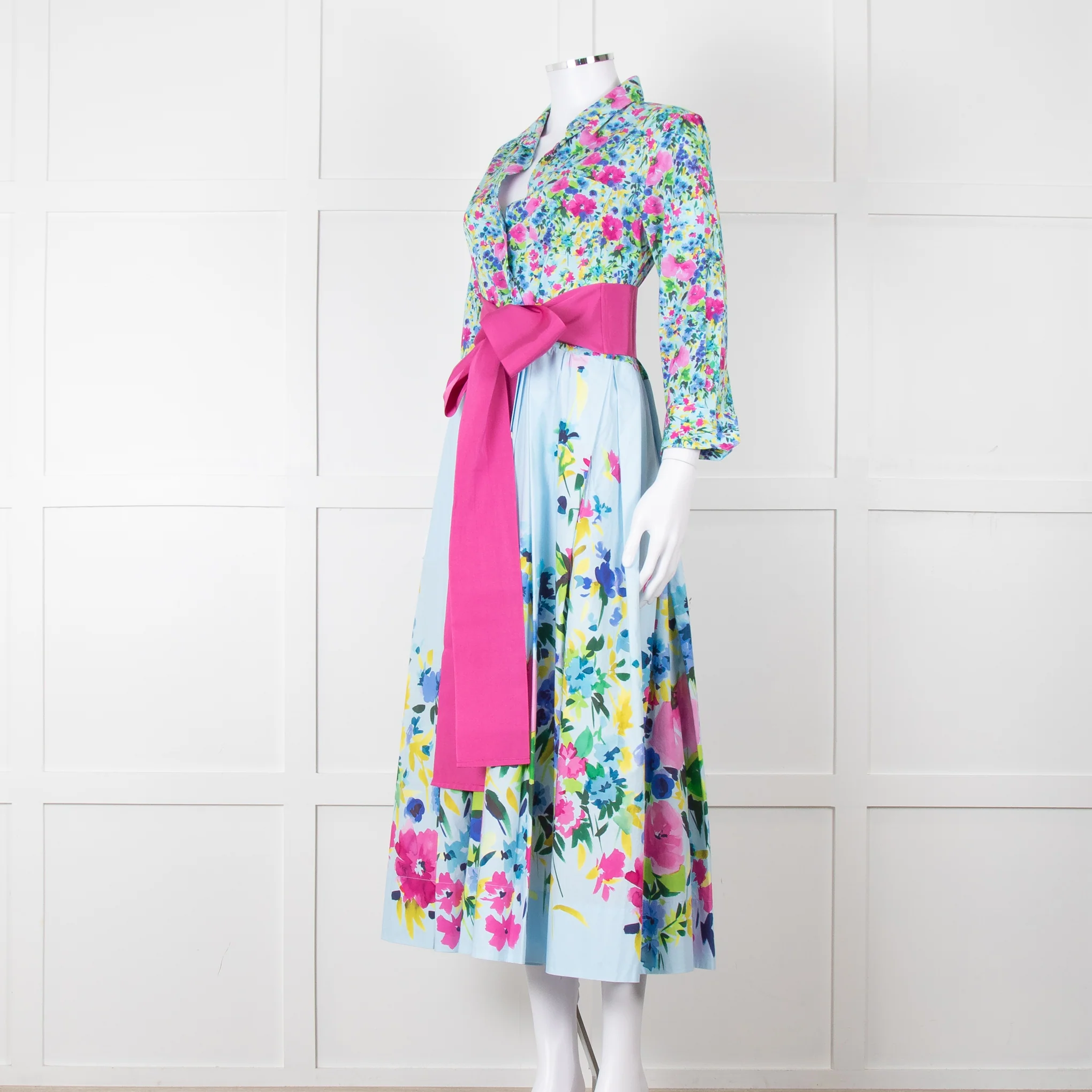 Sara Roka Pale Blue Pink Floral Maxi Cotton Twin Belted Dress - Image 9