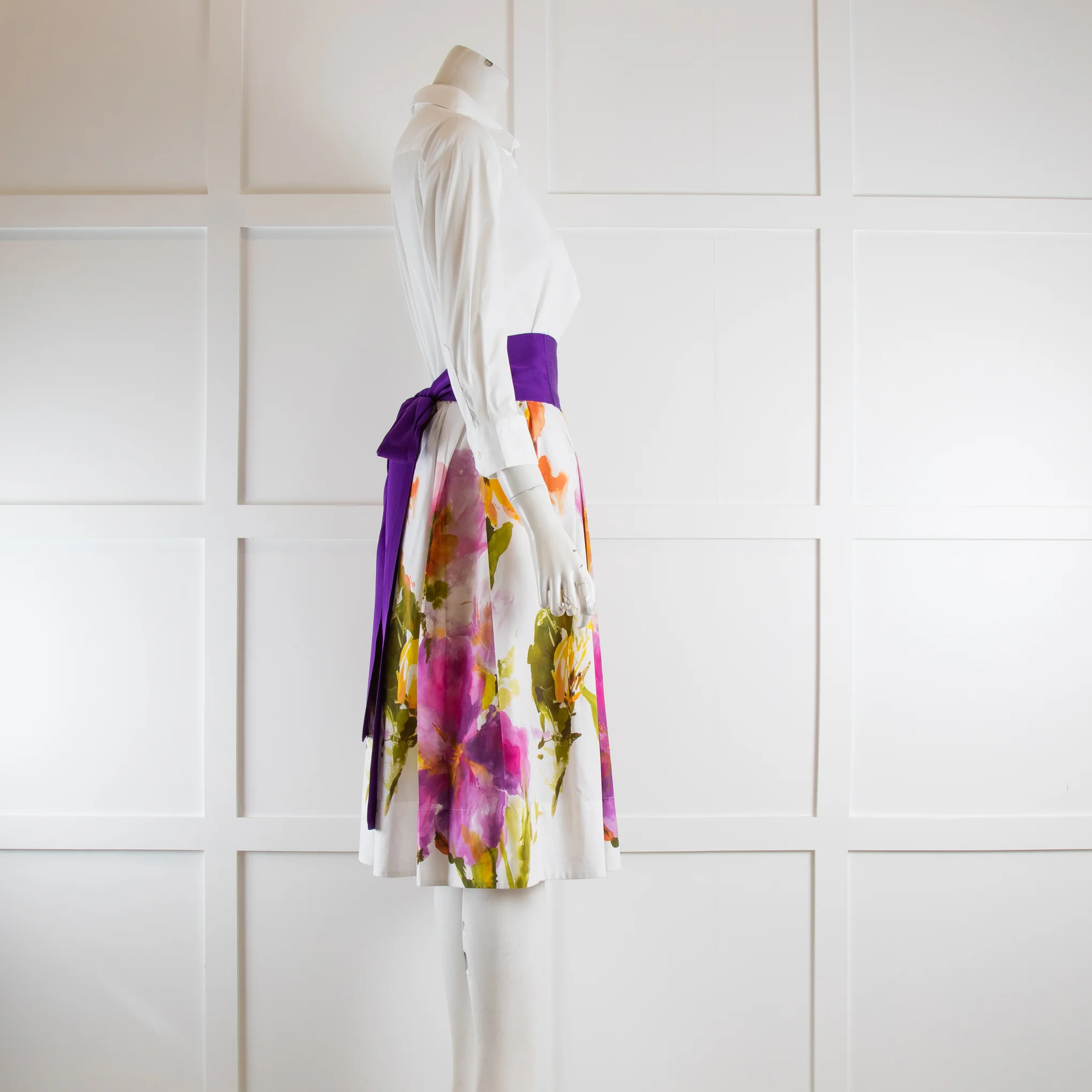 Sara Roka White Shirt Dress with Floral Skirt with Sash Belt - Image 2
