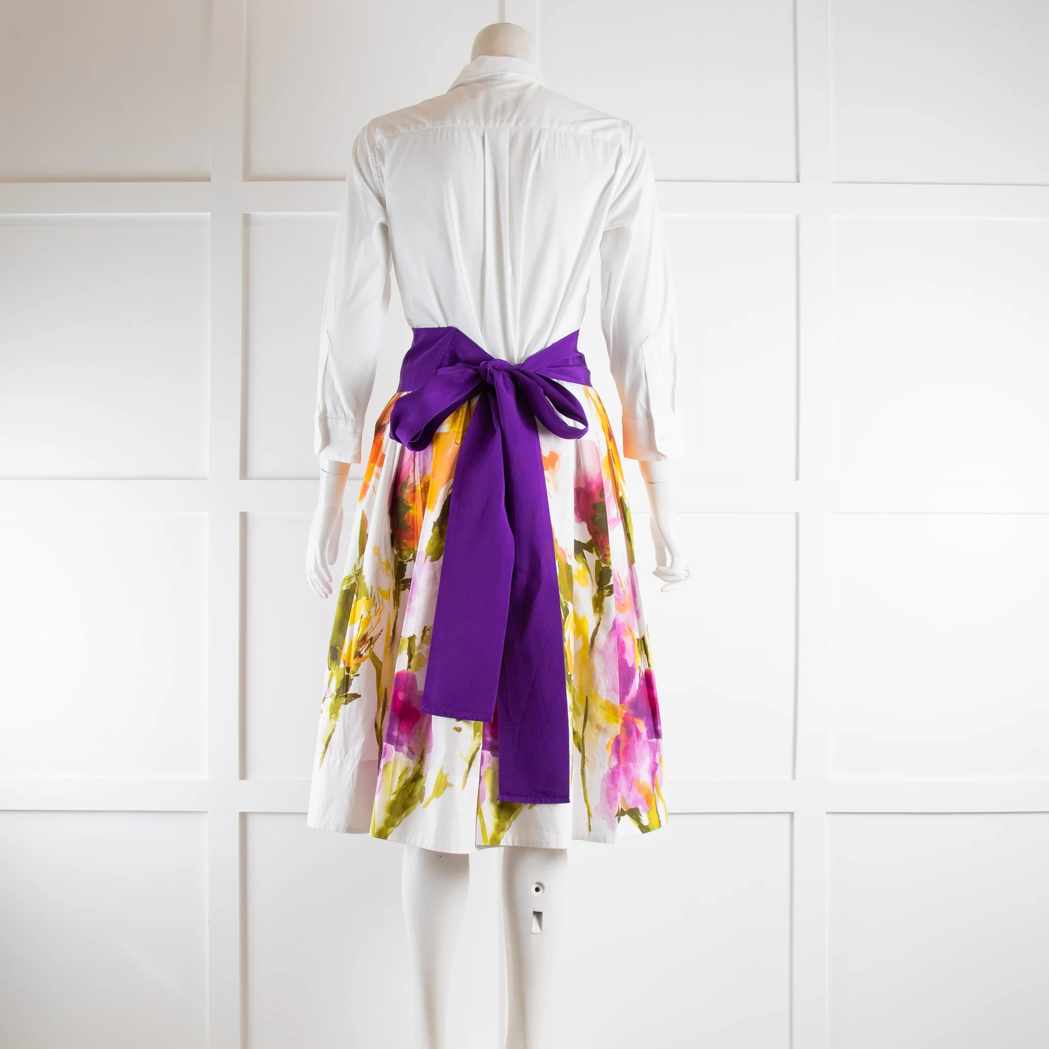 Sara Roka White Shirt Dress with Floral Skirt with Sash Belt - Image 3