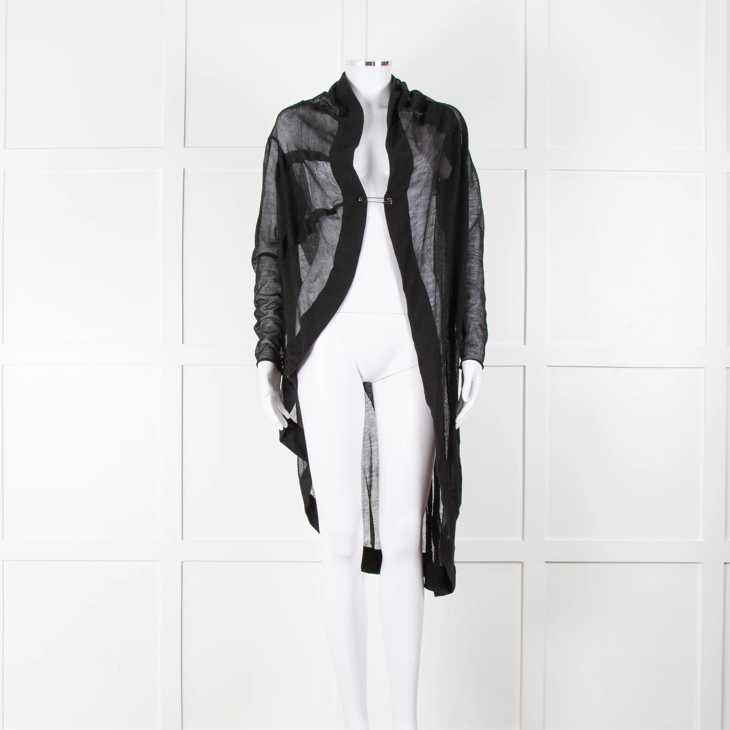 Sarah Pacini Black Sheer Draped Cardigan with Kilt Pin