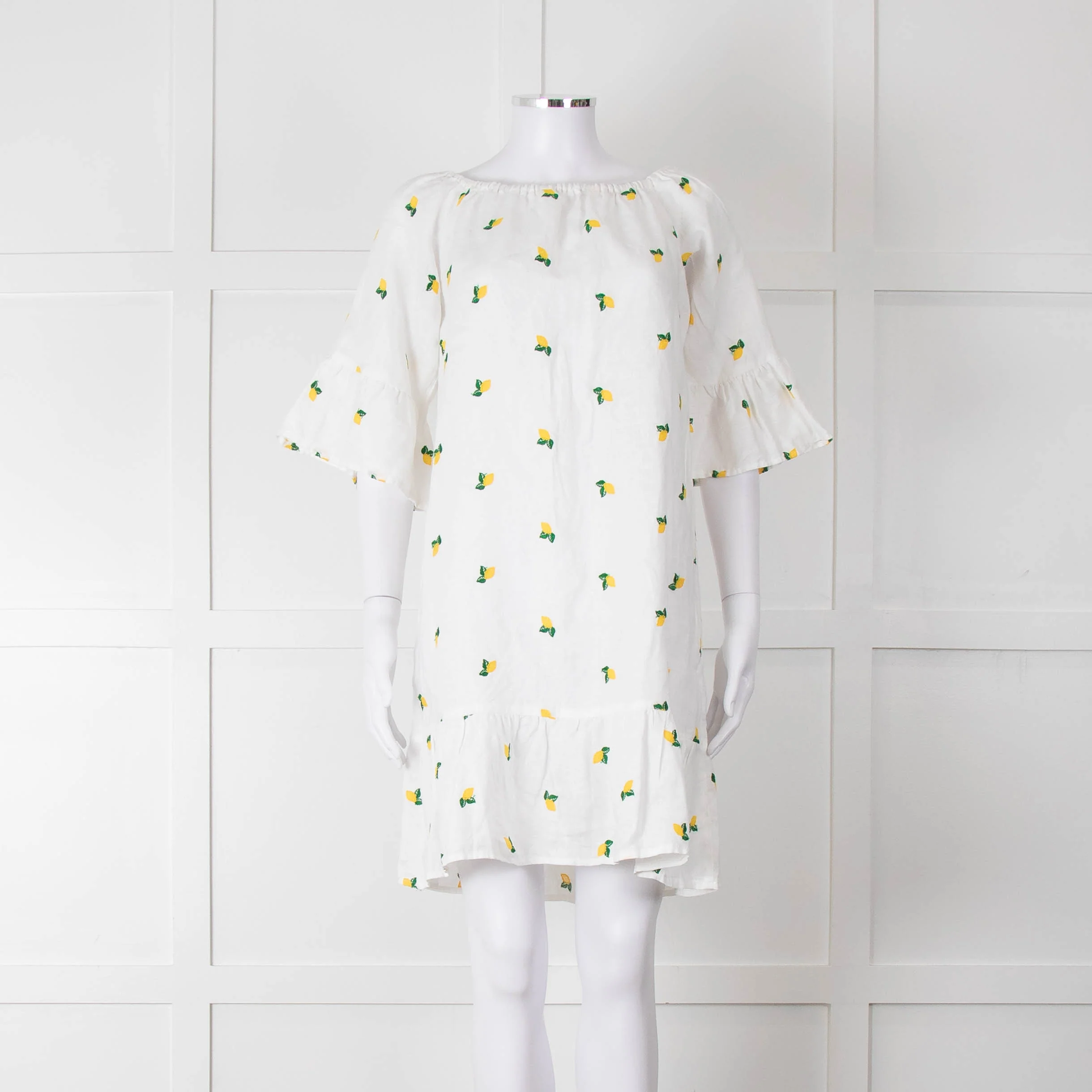 Sartoria Saracena White Lemon Embroidered Linen Frill Trim Dress